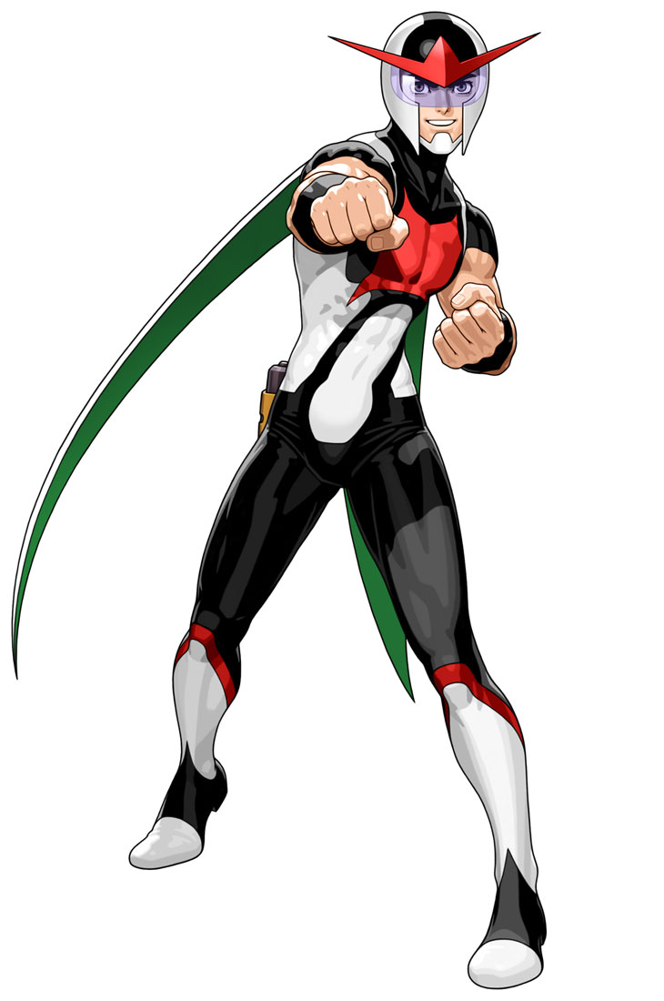 mori toshiaki, gou sokkyu, ippatsuman, gyakuten! ippatsuman, tatsunoko production, tatsunoko vs. capcom, time bokan (series), visor, official art, 1boy, armband, cape, grin, gun, handgun, helmet, male focus, punching, skin tight, smile, solo, weapon