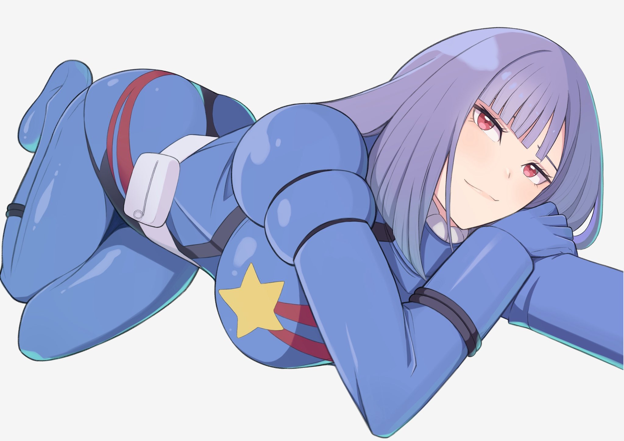 konishiki (52siki), roux louka, gundam, gundam zz, commentary request, highres, 1girl, blue bodysuit, bodysuit, breasts, large breasts, long hair, looking up, lying, purple hair, red eyes, smile, solo, white background