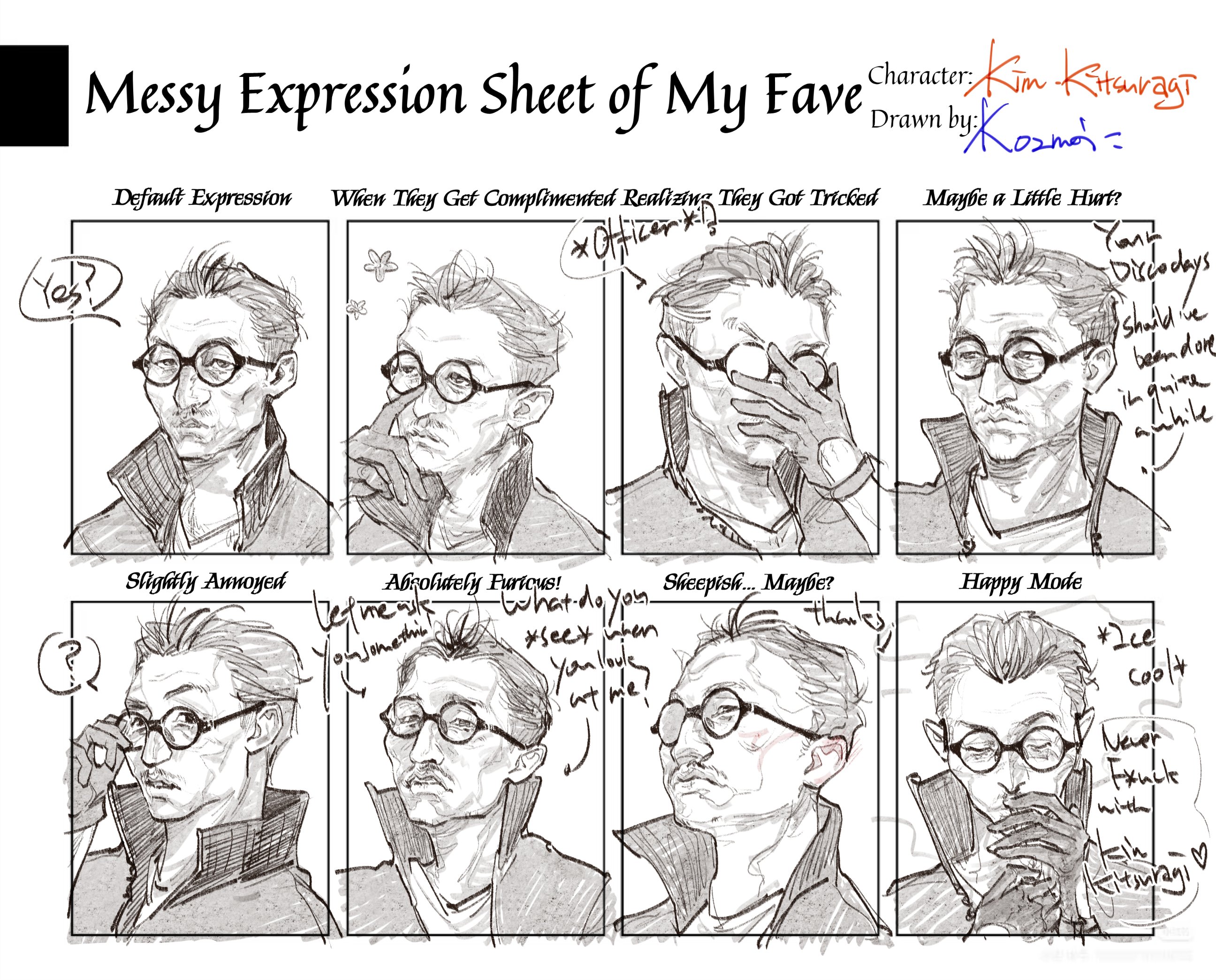 kim kitsuragi, disco elysium, commentary, english commentary, highres, 1boy, ?, adjusting eyewear, bomber jacket, character name, crew neck, english text, glasses, gloves, greyscale, hand up, jacket, kozmoraven1610, monochrome, multiple expressions, multiple views, popped collar, portrait, short hair, spoken question mark