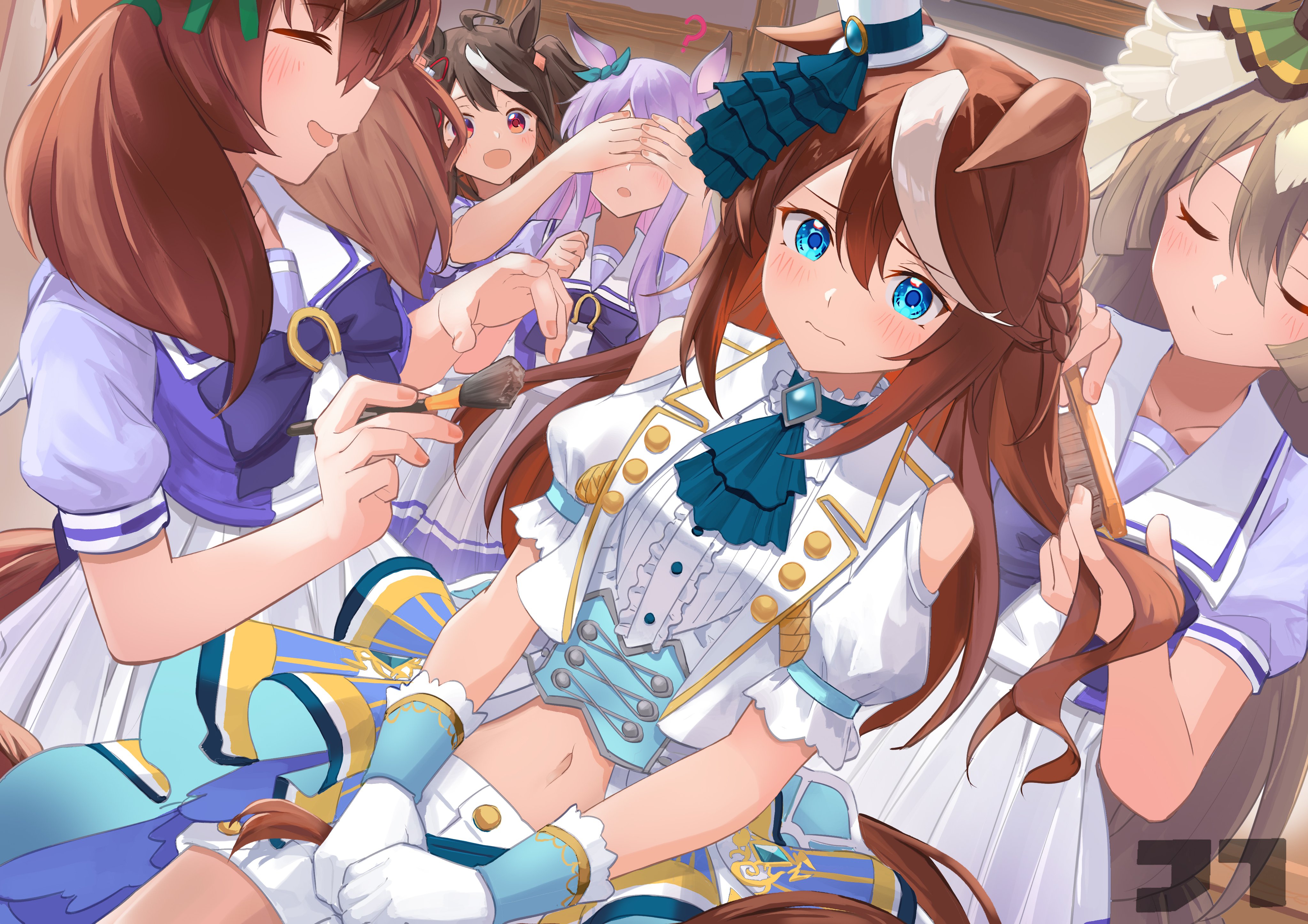 jtleeklm, kitasan black (umamusume), mejiro mcqueen (end of the skies) (umamusume), mejiro mcqueen (umamusume), nice nature (umamusume), satono diamond (umamusume), tokai teio (umamusume), umamusume, absurdres, highres, 5girls, ahoge, animal ears, ascot, bare shoulders, black hair, blue ascot, blue eyes, blush, bow, braid, breasts, brown hair, brown tail, closed eyes, closed mouth, clothing cutout, collarbone, covering another's eyes, cropped jacket, dot nose, ear bow, ear ribbon, embarrassed, frilled ascot, frills, gloves, green bow, green ribbon, hair brush, hat, holding, holding hair brush, horse ears, horse girl, horse tail, indoors, large breasts, long hair, medium hair, medium skirt, mejiro mcqueen (umamusume) (cosplay), midriff, multicolored hair, multiple girls, navel, neckerchief, open mouth, pleated skirt, puffy short sleeves, puffy sleeves, purple hair, purple neckerchief, purple serafuku, red eyes, red hair, red tail, ribbon, sailor collar, school uniform, serafuku, sexually suggestive, short sleeves, shorts, shoulder cutout, skirt, small breasts, small hat, smile, stomach, streaked hair, tail, tracen school uniform, twintails, two-tone hair, white gloves, white hat, white sailor collar, white shorts, white skirt, white streaks