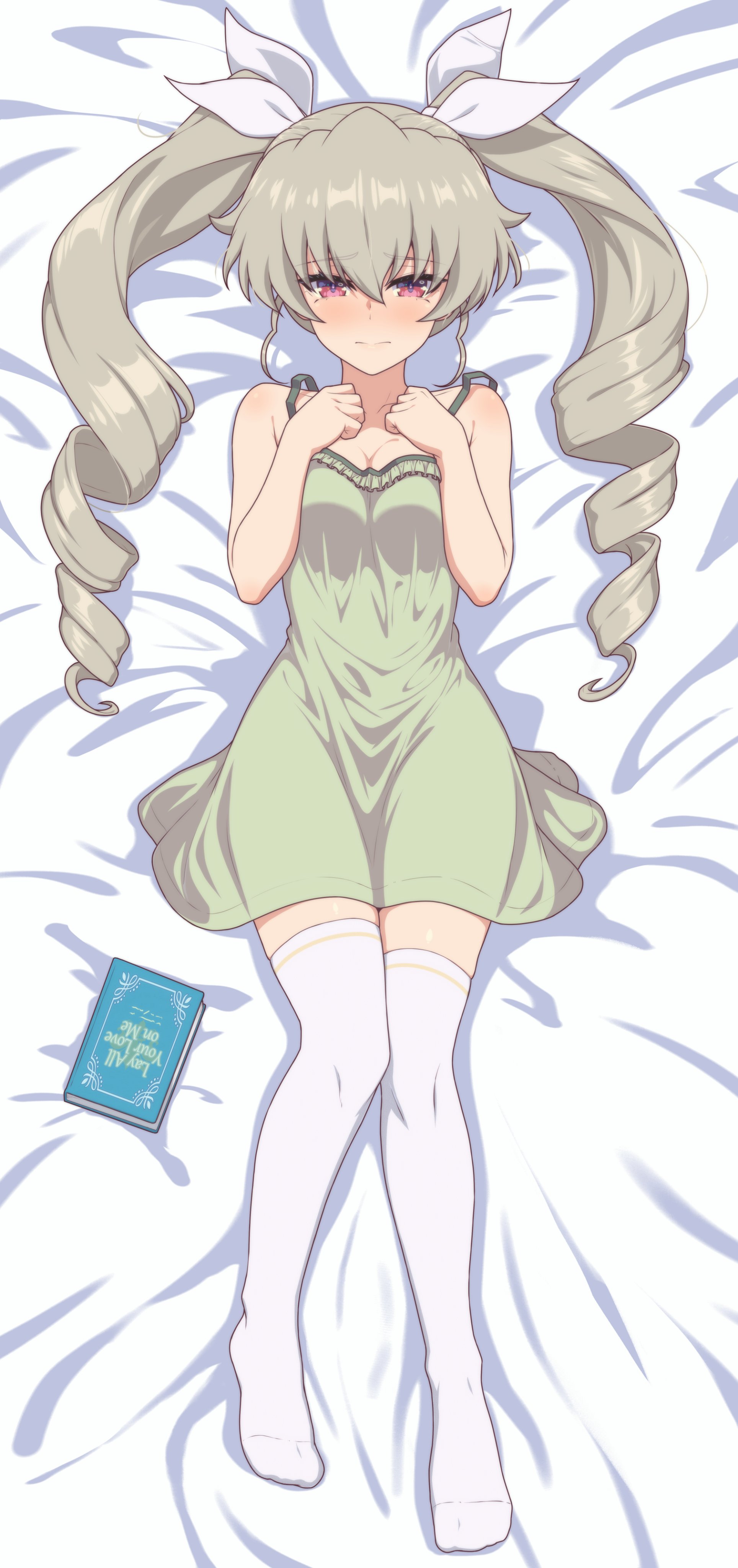 ada badguy, anchovy (girls und panzer), girls und panzer, highres, 1girl, bed, belt, black belt, black cape, black necktie, black skirt, blush, book, cape, curvy, dakimakura (medium), dress, drill hair, full body, grey hair, looking at viewer, lying, necktie, on back, on bed, red eyes, simple background, skirt, solo, thighhighs, twintails, white thighhighs, wide hips