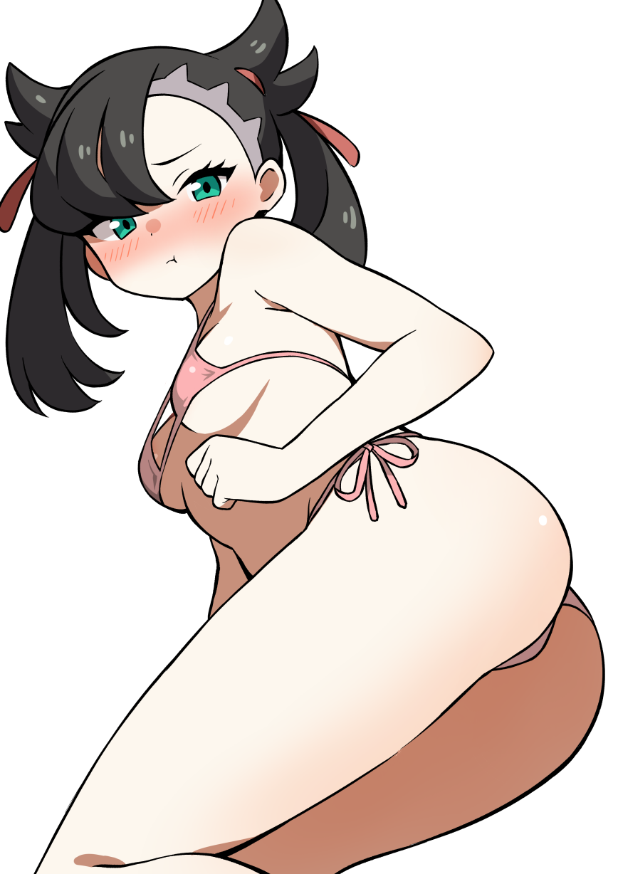 ecgg (tsuji418477), marnie (pokemon), nintendo, pokemon, pokemon swsh, commentary request, highres, 1girl, :t, ass, bikini, black hair, blush, breasts, green eyes, looking at viewer, micro bikini, pink bikini, pout, simple background, small breasts, solo, strap gap, swimsuit, thighs, twintails, white background