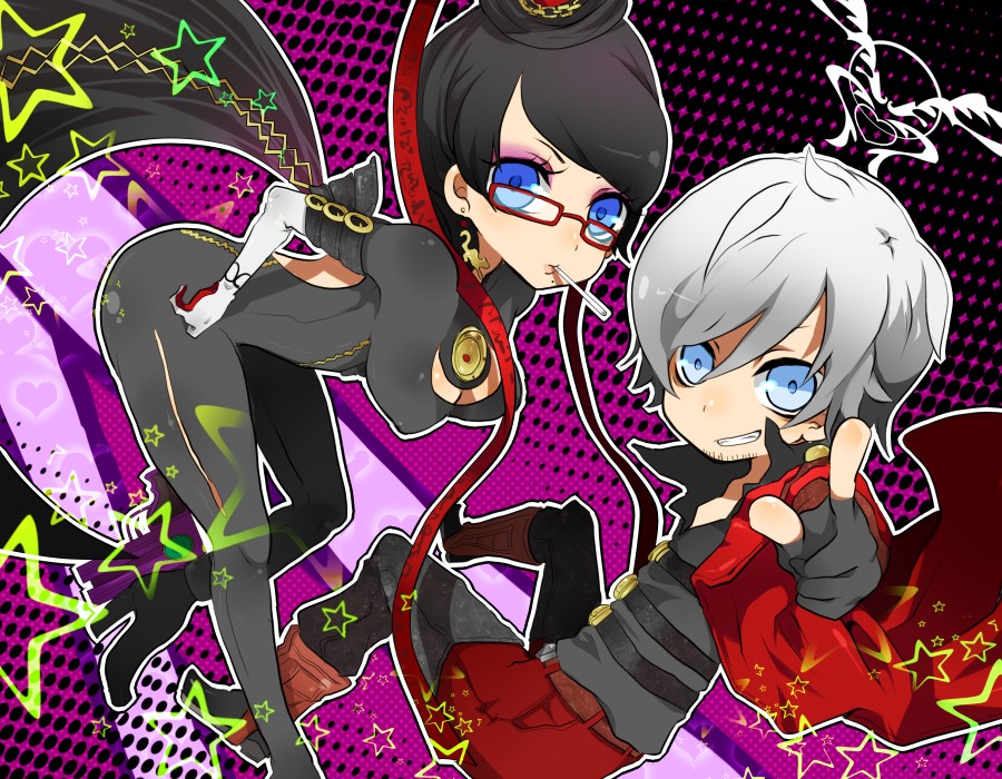 nata, bayonetta, dante (devil may cry), bayonetta (series), capcom, devil may cry (series), 1boy, 1girl, chibi, glasses