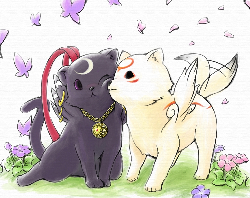 dodo (pixiv 1192843), bayonetta, chibiterasu, bayonetta (series), bayonetta 1, ookami (game), ookamiden, animal, cat, cheek-to-cheek, cherry blossoms, creator connection, crossover, flower, heads together, jewelry, necklace, no humans, tail, tail wagging