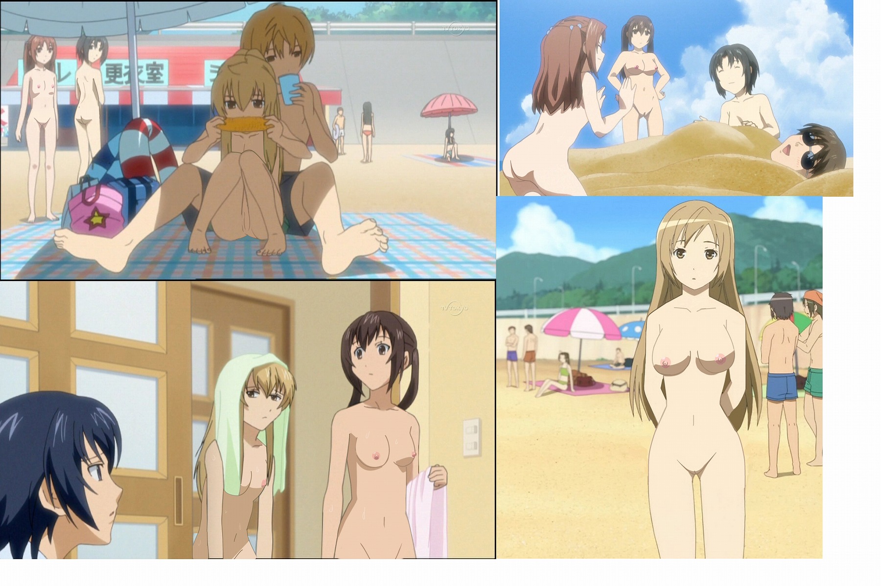 fujioka (minami-ke), minami chiaki, minami haruka, minami kana, minami touma, uchida yuka, yoshino (minami-ke), minami-ke, anime screenshot, highres, nude filter, third-party edit, 4boys, 6+girls, beach, black male swimwear, black swim trunks, blonde hair, blue male swimwear, blue swim trunks, breasts, brown hair, clothed male nude female, green male swimwear, green swim trunks, innertube, male swimwear, multiple boys, multiple girls, nature, nipples, nude, nudist, outdoors, plant, pussy, sand, sky, swim ring, swim trunks, swimsuit, umbrella, uncensored