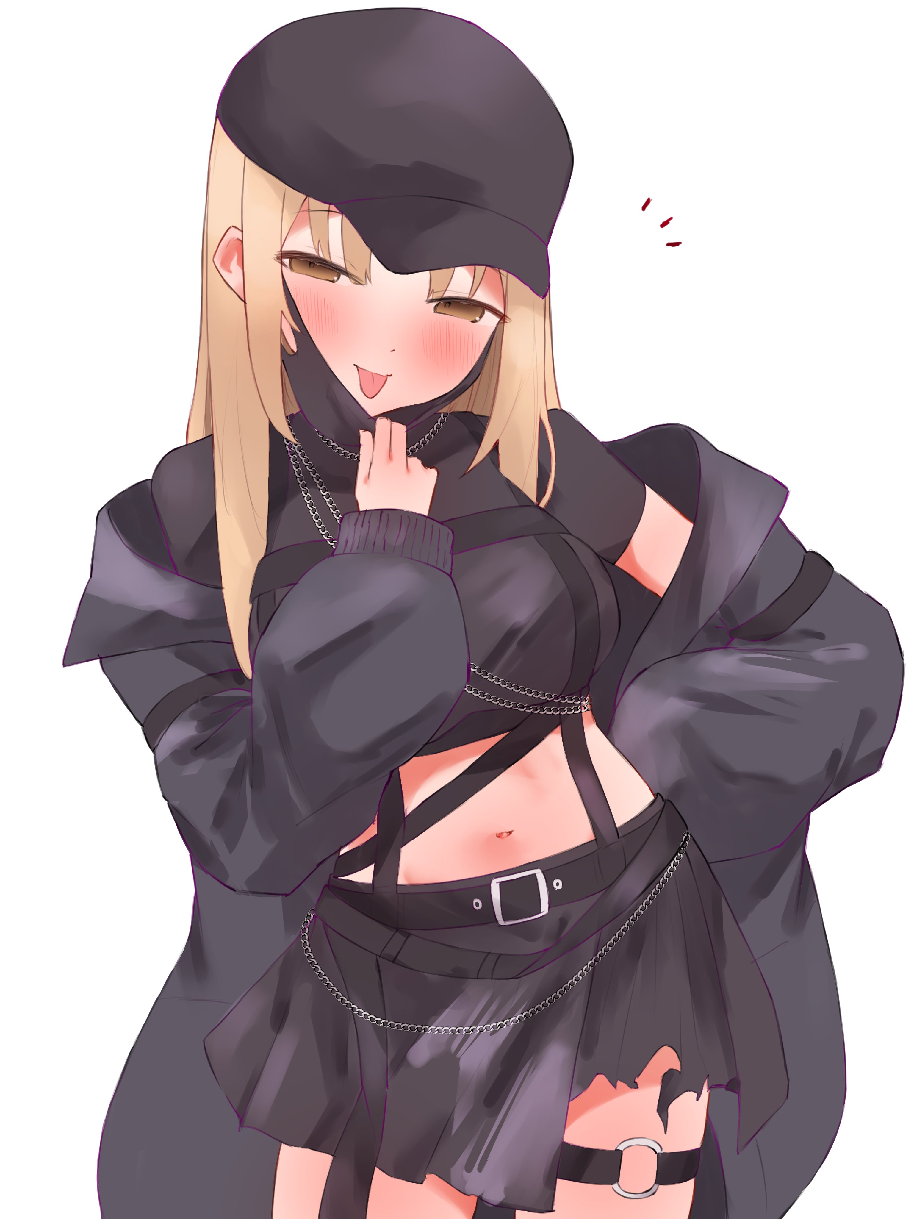 tepenchi, sister claire, sister claire (9th costume), nijisanji, absurdres, commentary request, highres, 1girl, black hat, black jacket, black shirt, black skirt, blonde hair, breasts, closed mouth, hat, jacket, large breasts, long hair, mask, mask pull, mouth mask, navel, o-ring, o-ring thigh strap, official alternate costume, shirt, skirt, smile, solo, thigh strap, tongue, tongue out, virtual youtuber, white background, yellow eyes