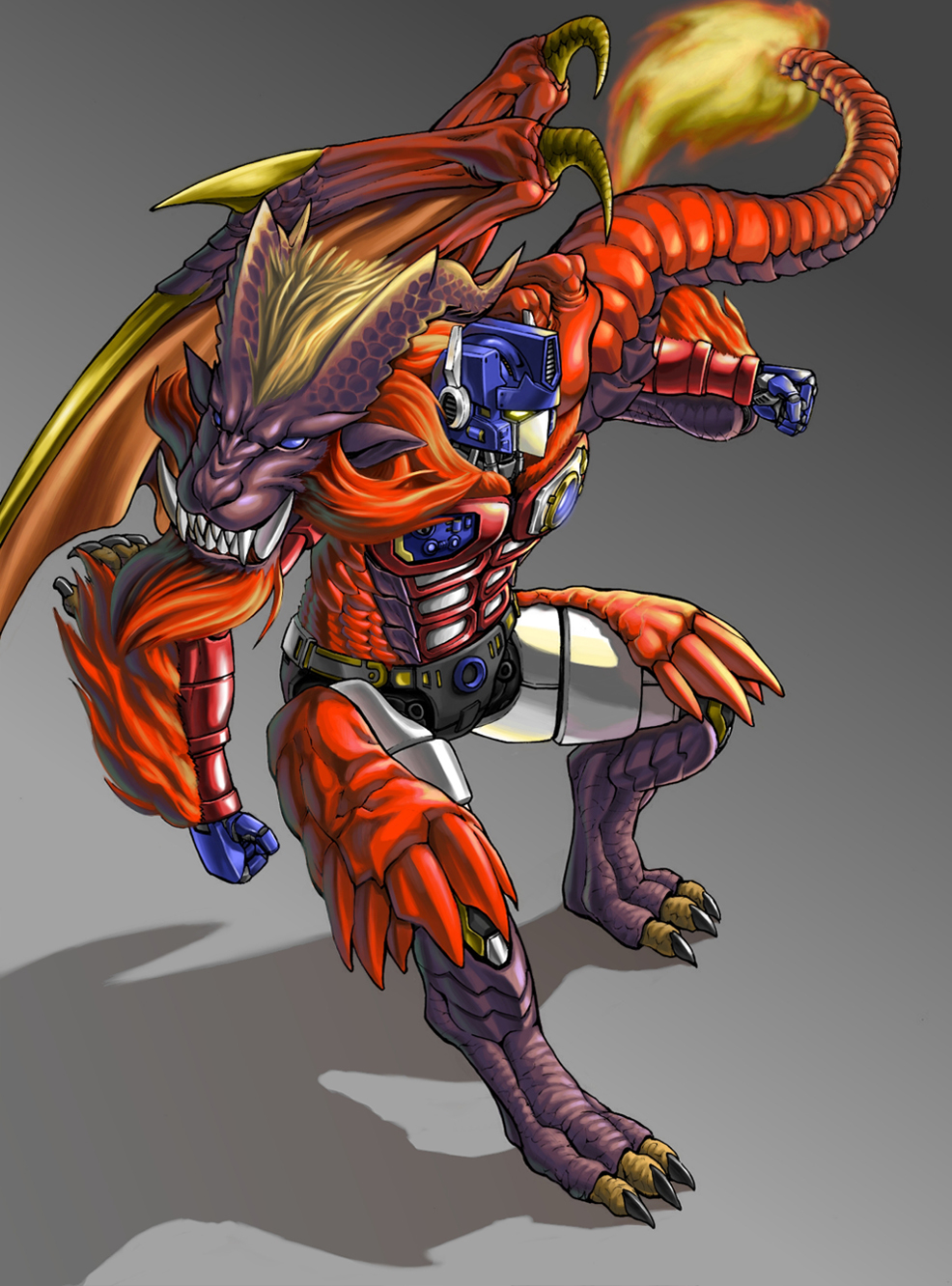 lio convoy, teostra, beast wars, beast wars ii, capcom, monster hunter (series), transformers, highres, fusion, grey background, no humans, solo