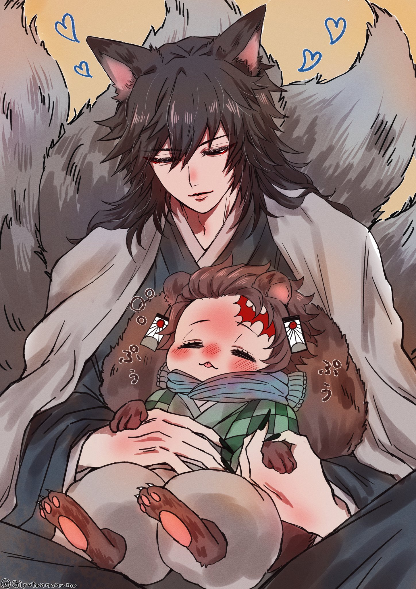 kamado tanjirou, tomioka giyuu, kimetsu no yaiba, commentary request, highres, 2boys, alternate costume, animal ears, bear ears, black hair, blue kimono, blush, brown hair, closed eyes, earrings, fox ears, giyutannonuma, green haori, half-closed eyes, hanafuda earrings, haori, japanese clothes, jewelry, kimono, long hair, looking down, male focus, multiple boys, multiple tails, parted lips, short hair, smile, tail, white haori