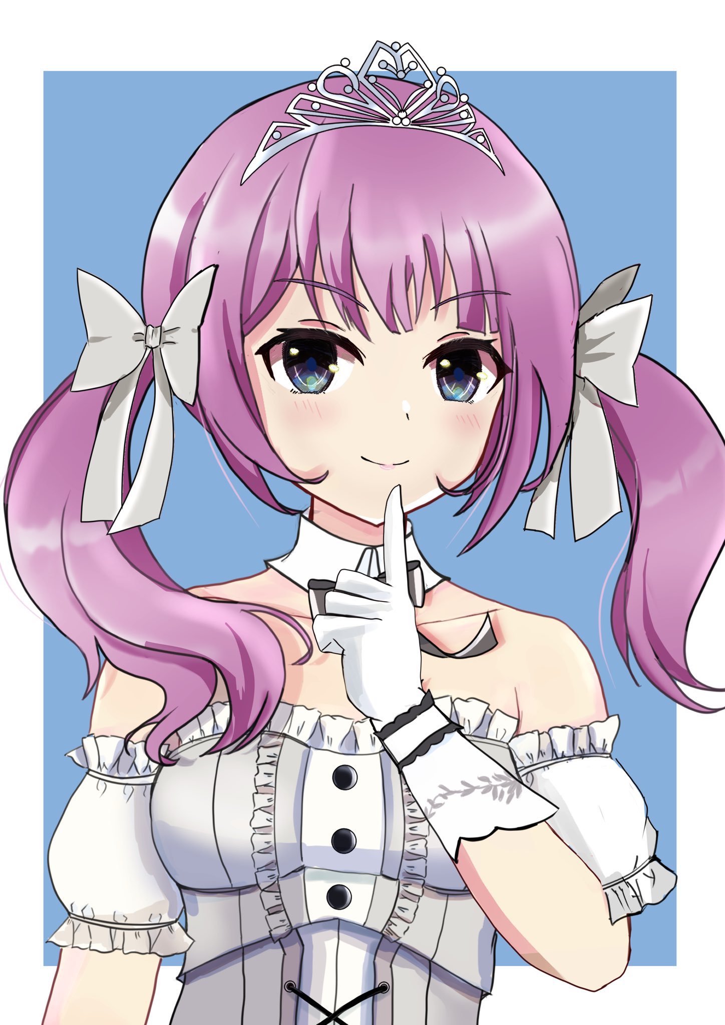ekakisyun, sadamori himeka, assault lily, hashtag-only commentary, highres, 1girl, arm at side, bare shoulders, black bow, black bowtie, blue background, blue eyes, blush, border, bow, bowtie, buttons, closed mouth, collarbone, detached collar, detached sleeves, finger to own chin, frilled shirt, frilled sleeves, frills, gloves, grey bow, grey shirt, hair bow, hand up, long hair, looking at viewer, official alternate costume, outside border, pink hair, shirt, short sleeves, simple background, smile, solo, strapless, strapless shirt, tiara, twintails, two-tone shirt, upper body, white border, white gloves, white shirt