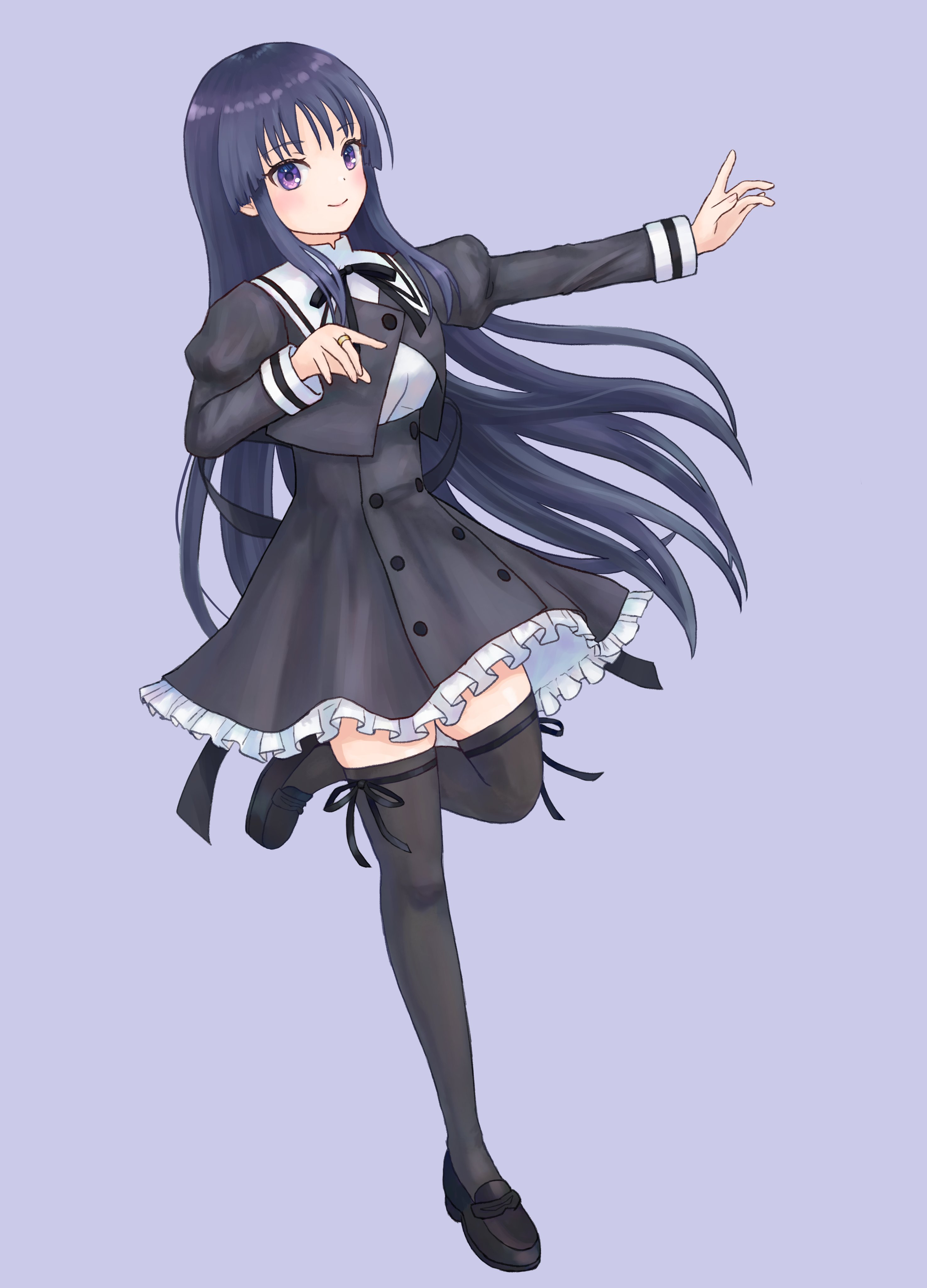 ofusuma (knifesuuma), shirai yuyu, assault lily, absurdres, commentary request, highres, 1girl, black hair, black ribbon, black shoes, black skirt, black thighhighs, blush, breasts, buttons, closed mouth, cropped jacket, frilled skirt, frills, full body, hands up, high-waist skirt, jewelry, juliet sleeves, leg ribbon, leg up, loafers, long hair, long sleeves, looking at viewer, medium breasts, miniskirt, neck ribbon, outstretched arm, puffy sleeves, purple background, purple eyes, ribbon, ring, school uniform, shirt, shoes, sidelocks, simple background, skirt, smile, solo, standing, standing on one leg, thigh ribbon, thighhighs, very long hair, white shirt, yurigaoka girls academy school uniform, zettai ryouiki