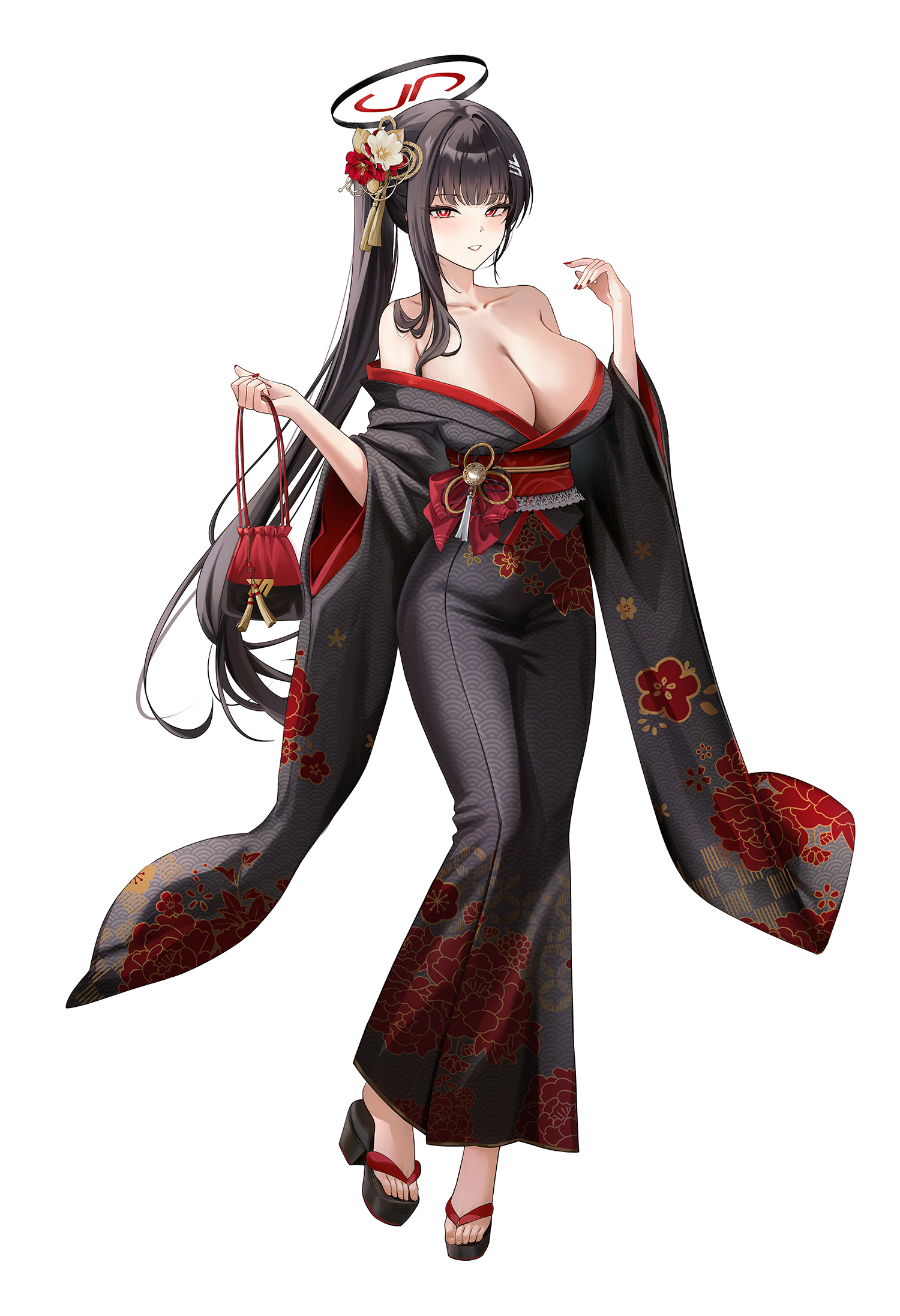 kottungyang, rio (blue archive), blue archive, commentary, highres, 1girl, alternate costume, bag, bare shoulders, black hair, black kimono, black sandals, breasts, cleavage, flower, hair flower, hair ornament, halo, holding, holding bag, japanese clothes, kimono, large breasts, long hair, looking at viewer, obi, parted lips, ponytail, red bag, red eyes, red flower, red halo, red nails, red sash, sandals, sash, solo, toes, white flower, wide sleeves