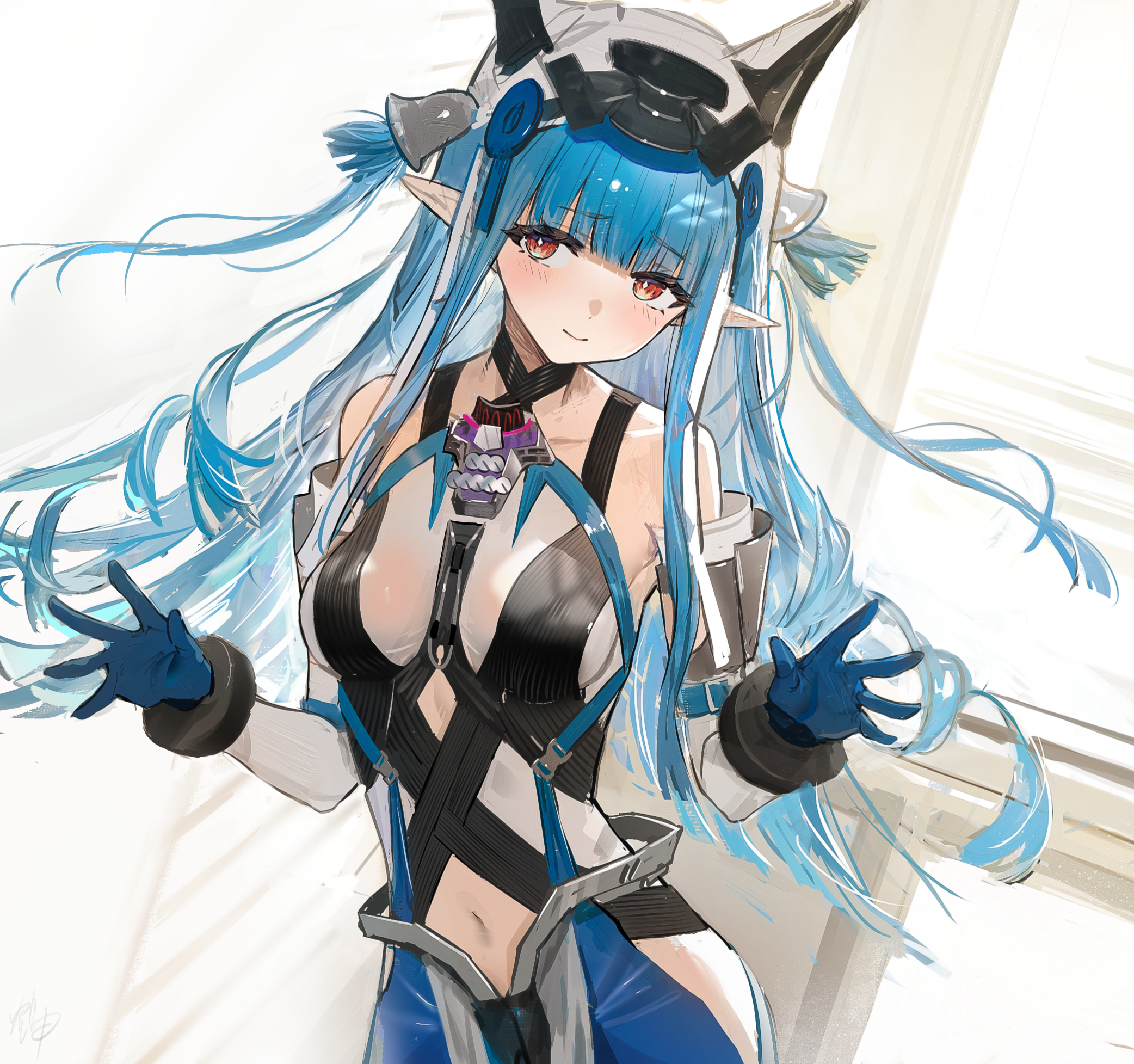 hidulume, last rite (arknights), arknights, arknights: endfield, commentary, highres, 1girl, bare shoulders, black hat, black shirt, blue gloves, blue pants, blush, breasts, closed mouth, demon girl, demon horns, detached sleeves, gloves, hat, horns, long hair, looking at viewer, medium breasts, navel, open hands, pants, pointy ears, red eyes, shirt, smile, solo