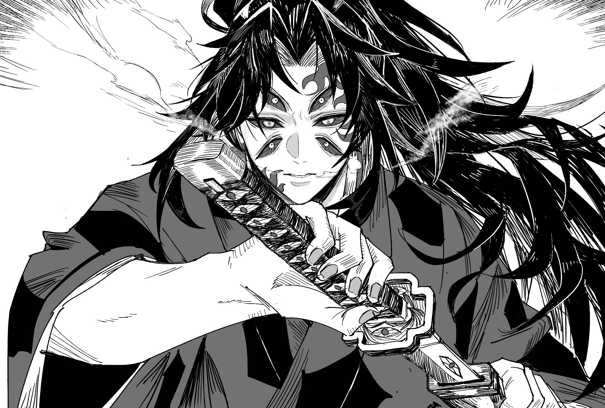kokushibou, kimetsu no yaiba, highres, 1boy, extra eyes, fingernails, greyscale, high ponytail, holding, holding sword, holding weapon, japanese clothes, katana, kimono, long hair, looking at viewer, male focus, monochrome, parted lips, ponytail, print kimono, scar, scar on face, scar on forehead, sheath, solo, spiked hair, sword, unsheathing, upper body, very long hair, weapon, white background, yjfengle