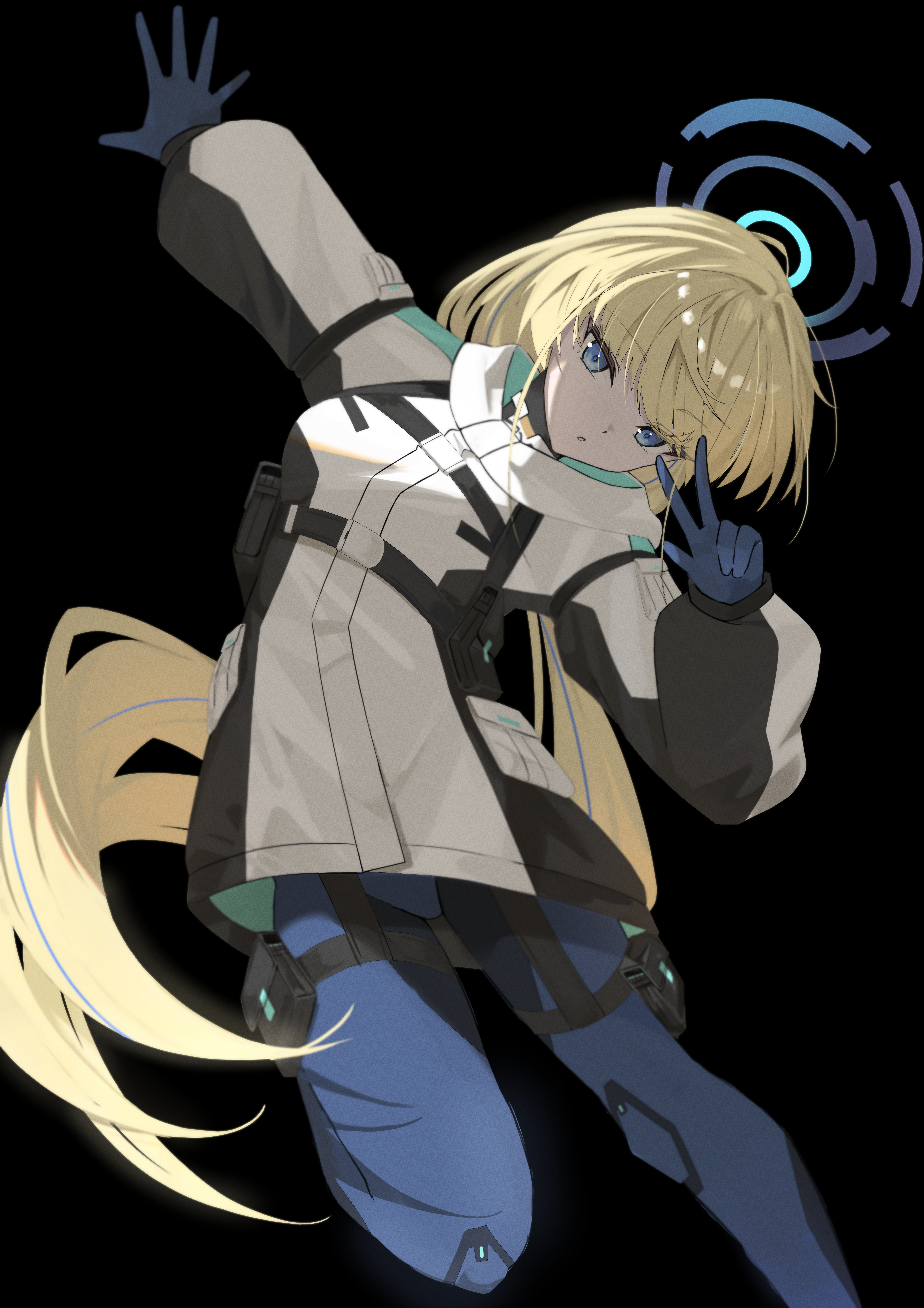 lisu, toki (blue archive), blue archive, absurdres, commentary request, highres, 1girl, blonde hair, blue eyes, blue gloves, blue halo, gloves, halo, long hair, parted lips, solo, v, very long hair