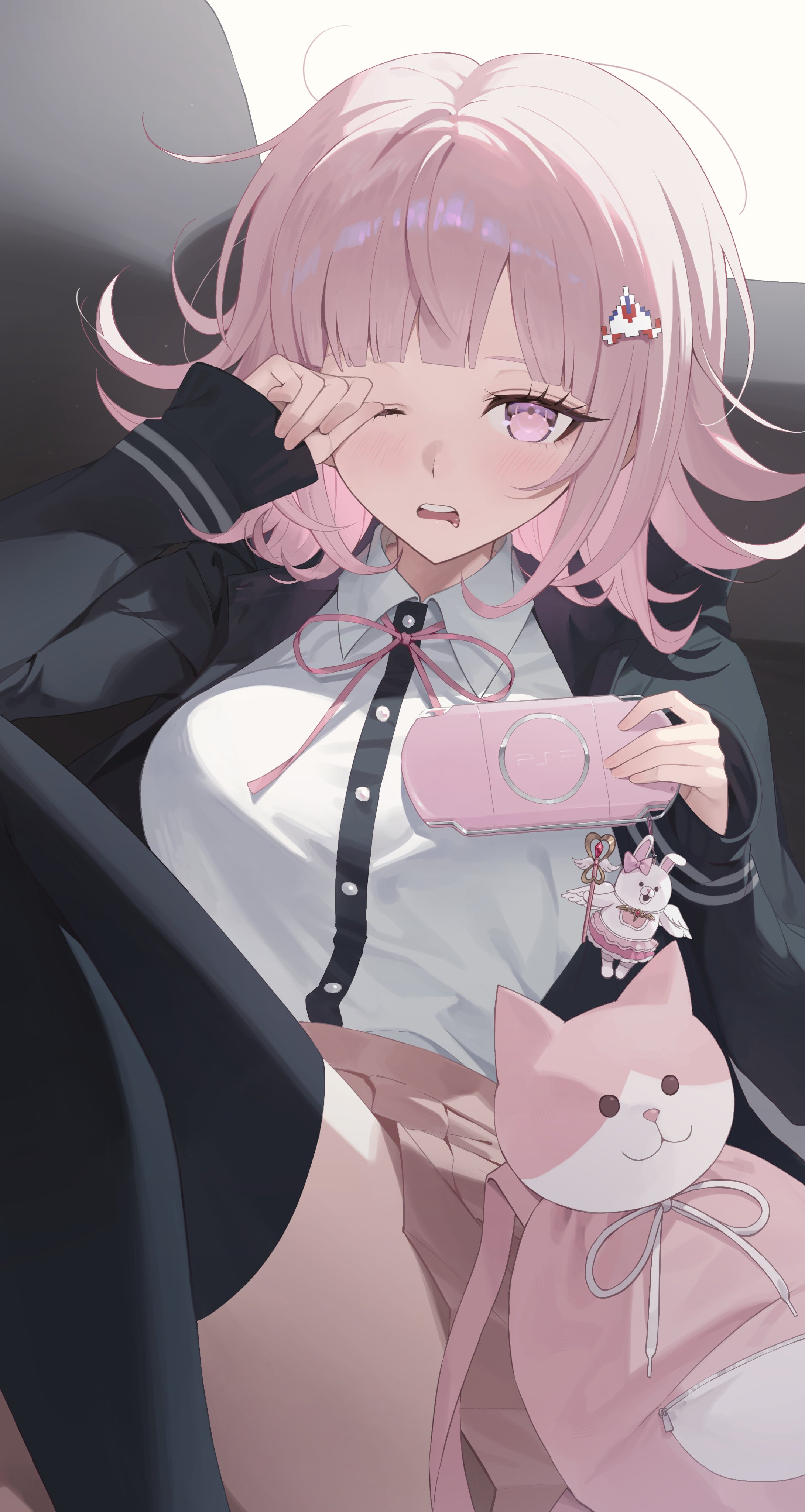 ttegi (ddeck dg), nanami chiaki, usami (danganronpa), danganronpa (series), danganronpa 2: goodbye despair, absurdres, commentary, highres, symbol-only commentary, 1girl, animal bag, breasts, brown hair, brown skirt, cat bag, collared shirt, flipped hair, hair ornament, hood, jacket, long sleeves, looking at viewer, medium hair, neck ribbon, one eye closed, open clothes, open jacket, pink bag, pink eyes, pink ribbon, pleated skirt, ribbon, shirt, skirt, sleepy, solo, thighhighs, two-tone shirt, white shirt