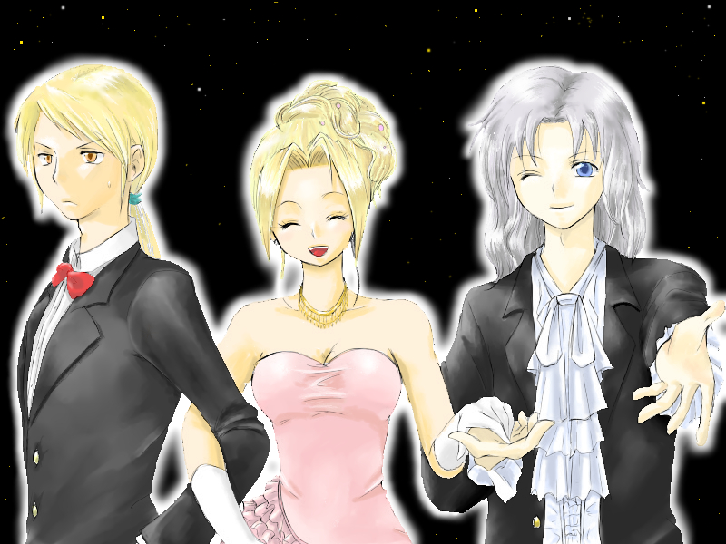 mkn, cain highwind, cecil harvey, rosa farrell, final fantasy, final fantasy iv, silver hair, 1990s (style), 1girl, 2boys, bare shoulders, blonde hair, blue eyes, bow, bowtie, closed eyes, dress, formal clothes, gloves, jewelry, long hair, multiple boys, necklace, open mouth, orange eyes, ponytail, suit, wink