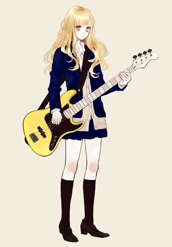 shikishima (eiri), original, bad id, bad pixiv id, 1girl, bass guitar, blazer, blonde hair, buttons, female focus, full body, guitar, instrument, jacket, kneehighs, legs, loafers, long hair, shoes, simple background, skirt, socks, solo, standing, yellow eyes