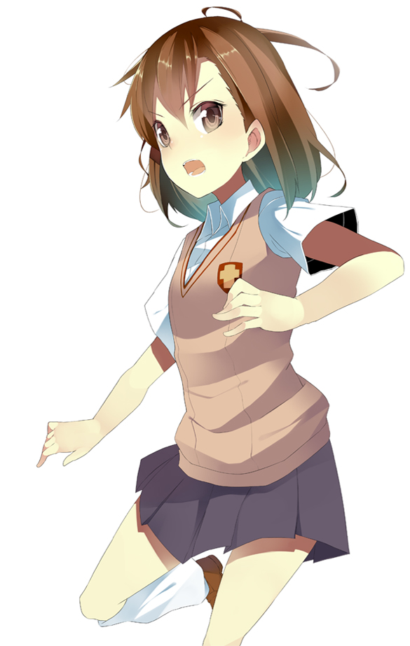 koba, misaka mikoto, toaru kagaku no railgun, toaru majutsu no index, bad id, bad pixiv id, brown eyes, brown hair, kneehighs, loose socks, open mouth, short hair, skirt, socks, solo, sweater vest