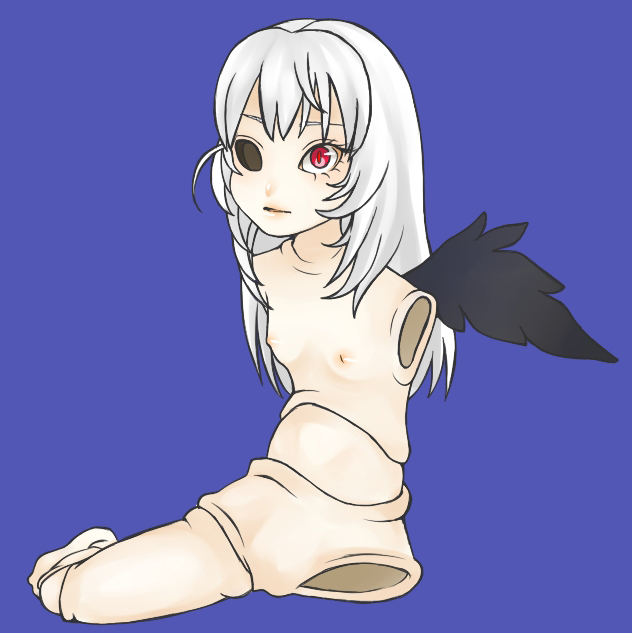 yuki (wankosoba), suigintou, rozen maiden, silver hair, bad id, bad pixiv id, unfinished, 00s, 1girl, amputee, doll joints, female focus, flat chest, joints, loli, nipples, nude, red eyes, solo, wings