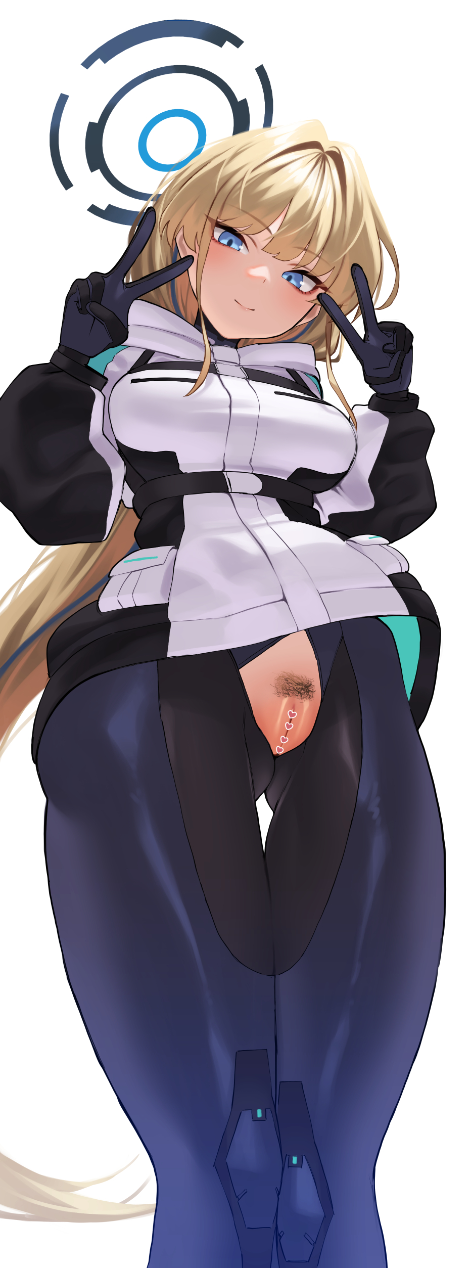 kumamiya, toki (armed) (blue archive), toki (blue archive), blue archive, absurdres, commentary request, highres, 1girl, blonde hair, blue bodysuit, blue eyes, blue hair, blue halo, blue streaks, blush, bodysuit, breasts, censored, crotchless, crotchless bodysuit, double v, female pubic hair, from below, gloves, halo, heart, heart censor, hip focus, jacket, large breasts, long hair, long sleeves, looking at viewer, looking down, medium breasts, multicolored bodysuit, multicolored hair, no panties, official alternate costume, pubic hair, pussy, skin tight, smile, solo, streaked hair, thigh gap, thighs, two-tone bodysuit, two-tone hair, upshirt, v, very long hair, white jacket