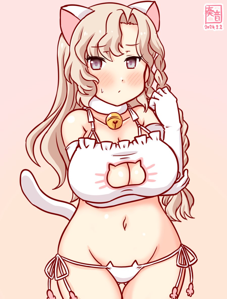 kanon (kurogane knights), eidsvold (kancolle), kantai collection, commentary request, 1girl, alternate costume, animal cutout, artist logo, blonde hair, breasts, cat cutout, cat ear panties, cat lingerie, cleavage cutout, clothing cutout, cowboy shot, dated, gloves, grey eyes, large breasts, logo, long hair, looking at viewer, one-hour drawing challenge, panties, pink background, side-tie panties, solo, thighhighs, underwear, underwear only, white gloves