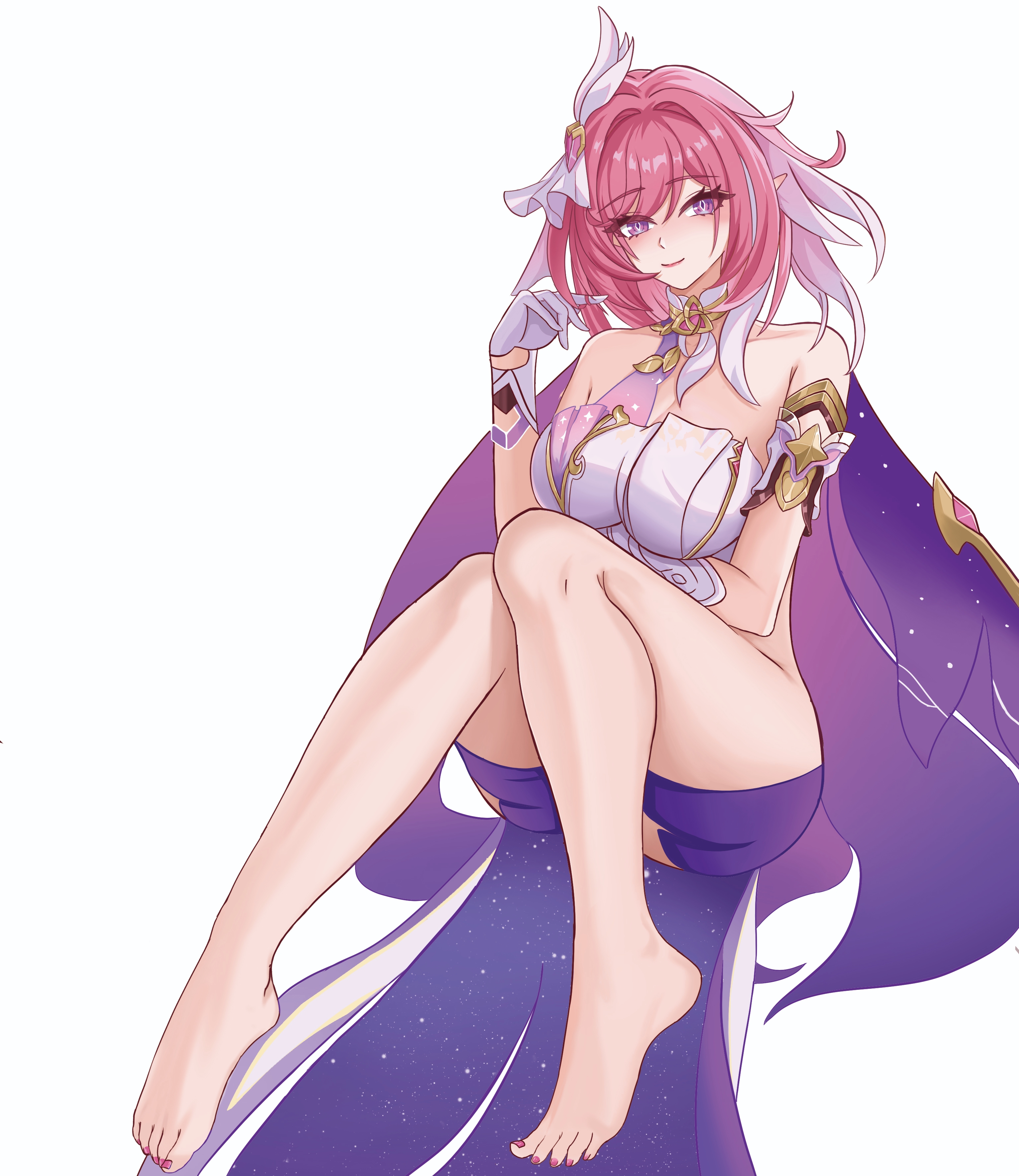 elysia (herrscher of human: ego) (honkai impact), elysia (honkai impact), honkai (series), honkai impact 3rd, absurdres, chinese commentary, commentary request, highres, 1girl, bare shoulders, barefoot, black shorts, breasts, corset, diamond-shaped pupils, diamond (shape), elf, feet, gloves, hair ornament, large breasts, lingtai64567, looking at viewer, manta ray, multicolored hair, pink hair, pointy ears, purple eyes, short hair, shorts, simple background, smile, solo, spirit of origin (honkai impact), symbol-shaped pupils, toes, triquetra, two-tone hair, white background, white corset, white gloves, white hair