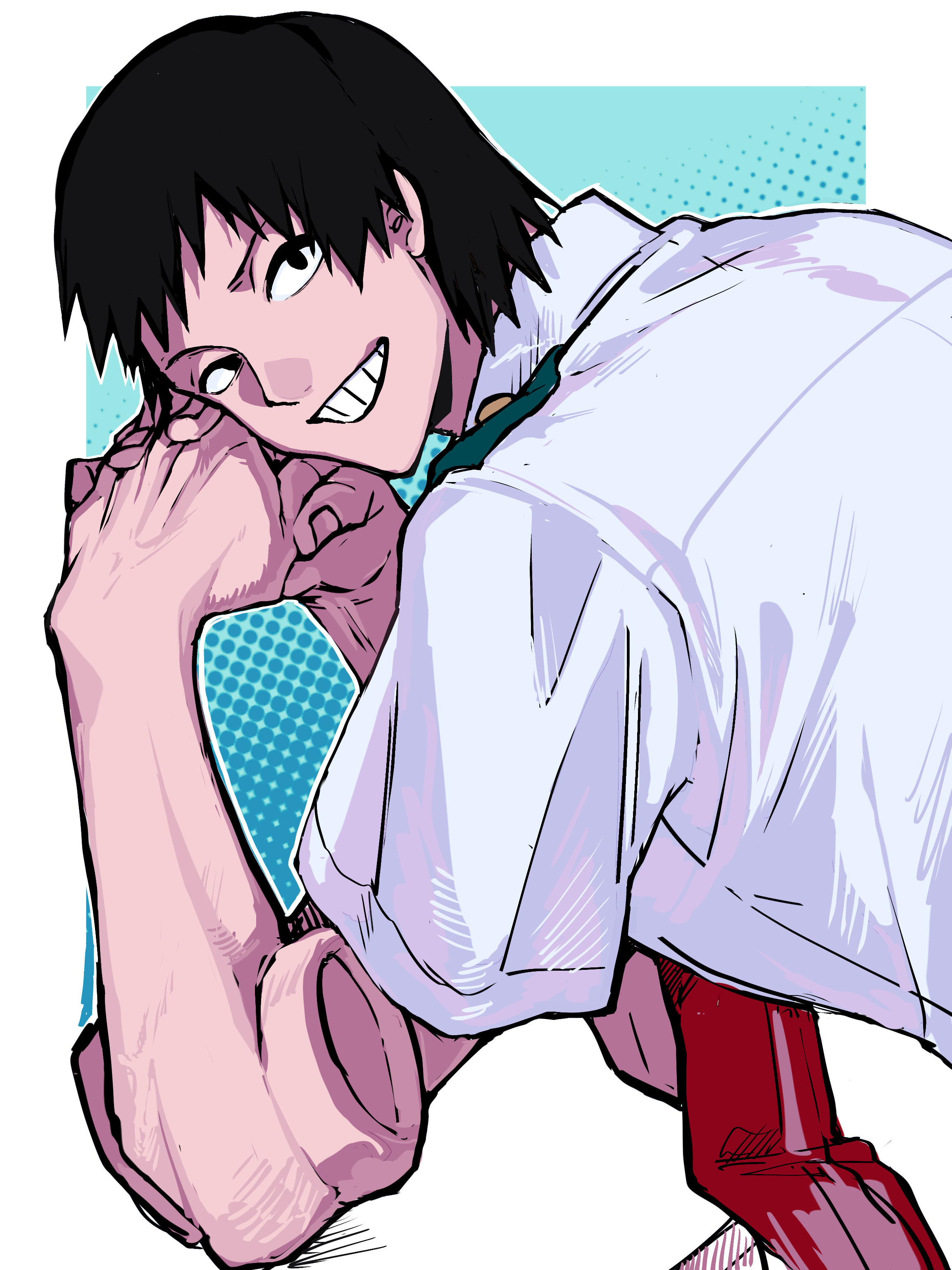 a nzi end, sero hanta, boku no hero academia, absurdres, commentary request, highres, 1boy, black eyes, black hair, grid teeth, grin, large hands, looking at viewer, male focus, necktie, red necktie, shirt, short hair, smile, solo, white shirt