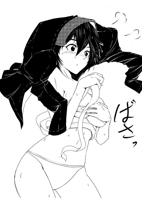 suta furachina, shirogane naoto, atlus, persona, persona 4, md5 mismatch, 1girl, female focus, greyscale, jacket, monochrome, panties, sarashi, solo, underwear