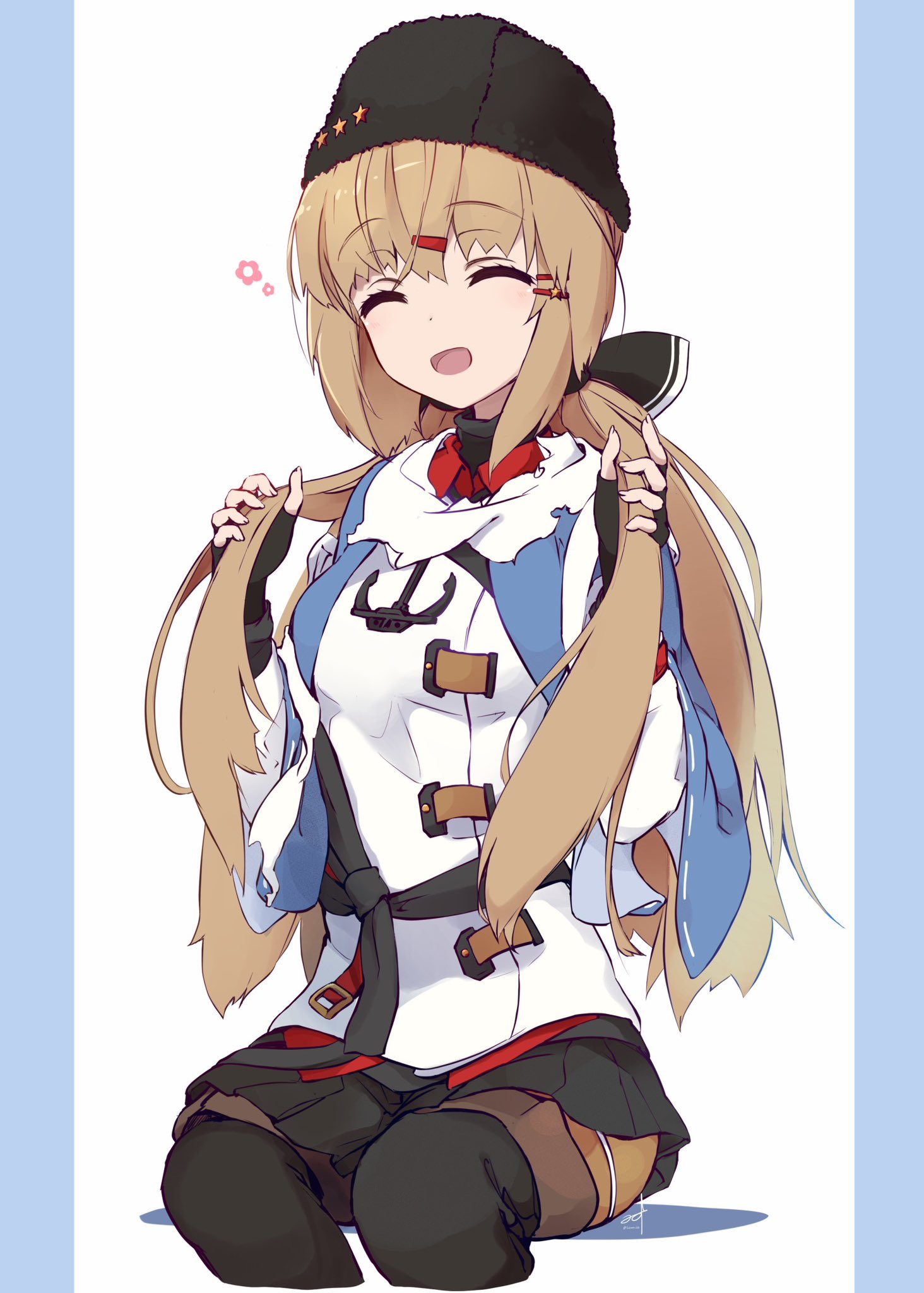 minosu, tashkent (kancolle), kantai collection, commentary request, highres, 1girl, anchor ornament, black bow, black hat, black skirt, black thighhighs, blue shawl, bow, brown hair, closed eyes, fur hat, hair ornament, hairclip, hat, holding, holding own hair, jacket, long hair, low twintails, pantyhose, papakha, pleated skirt, red shirt, scarf, shawl, shirt, skirt, smile, solo, thighhighs, torn clothes, torn scarf, twintails, untucked shirt, white background, white jacket, white scarf