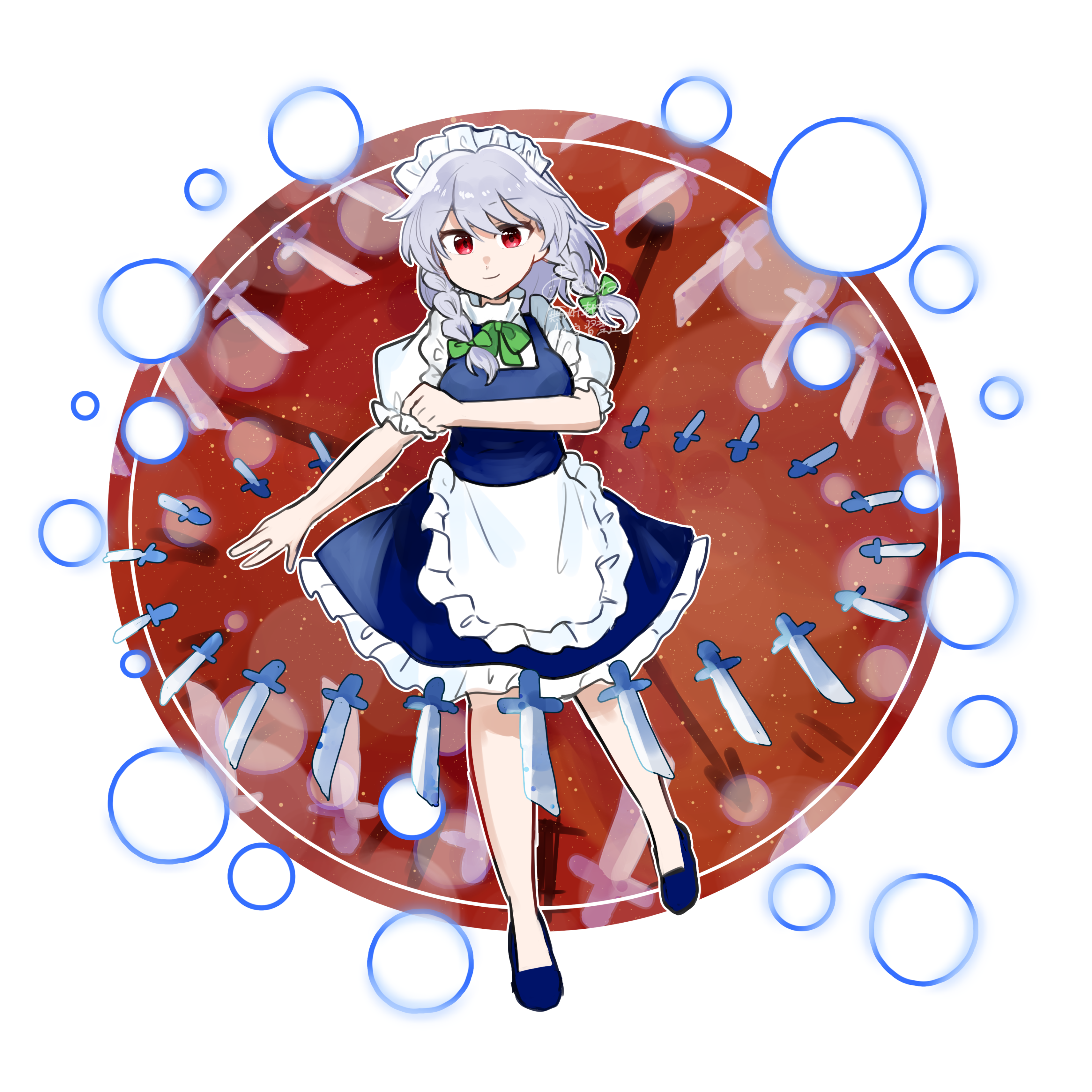 izayoi sakuya, marione, touhou, absurdres, commentary request, highres, 1girl, apron, blue dress, bow, bowtie, braid, breasts, danmaku, dress, frilled dress, frills, full body, green bow, green bowtie, grey hair, hair bow, knife, large breasts, long hair, maid, maid headdress, puffy short sleeves, puffy sleeves, red eyes, short sleeves, signature, smile, solo, twin braids, waist apron, white apron