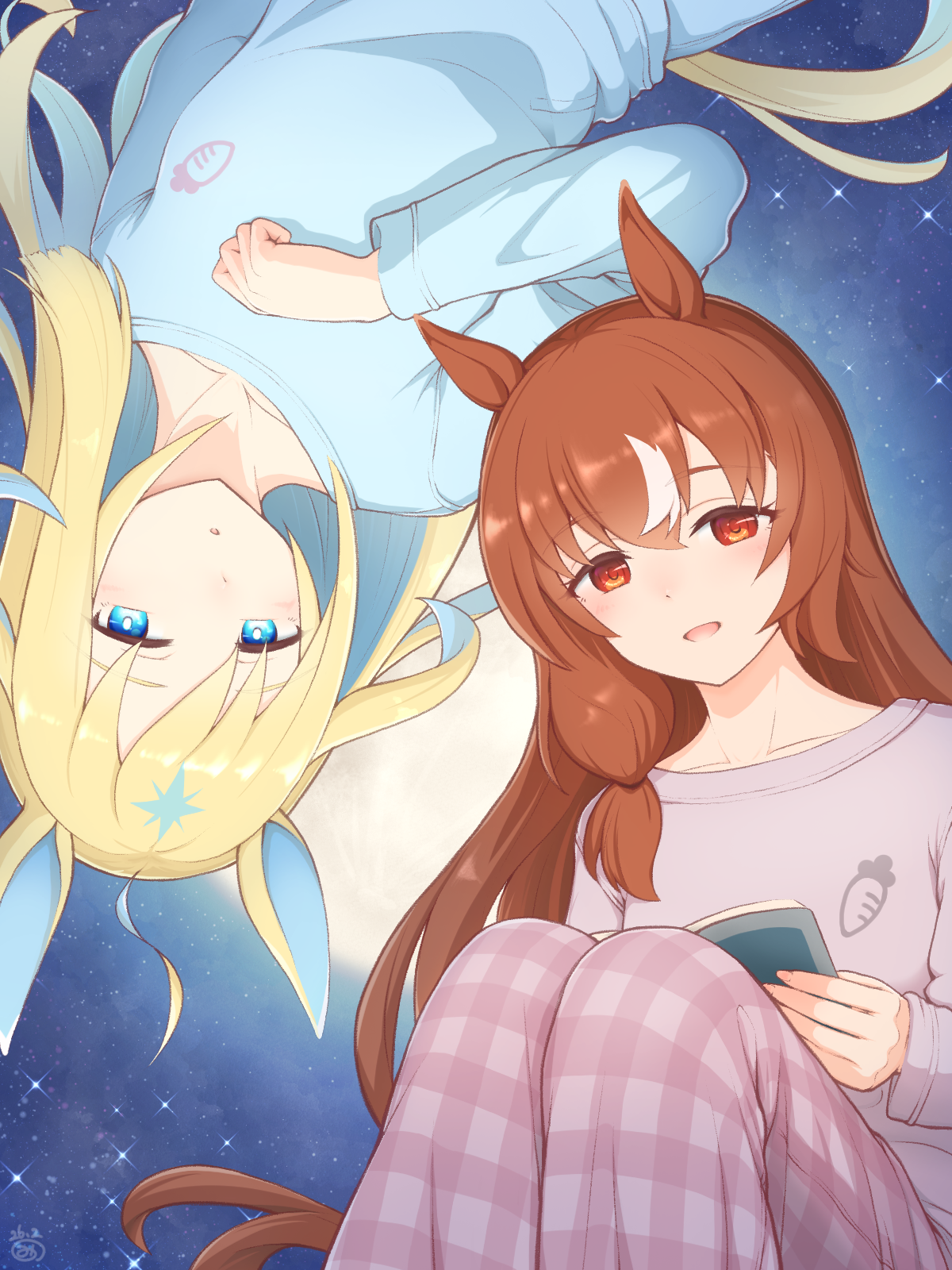 neo universe (umamusume), still in love (umamusume), umamusume, commentary request, highres, 2girls, ahoge, animal ears, blonde hair, blue eyes, blue hair, blue pajamas, blue pants, blue shirt, blush, book, breasts, brown hair, colored inner hair, hair between eyes, holding, holding book, horse ears, horse girl, horse tail, long hair, long sleeves, mitsuno, multicolored hair, multiple girls, open mouth, pajamas, pants, parted lips, pink pajamas, pink pants, pink shirt, red eyes, shirt, smile, tail, two-tone hair
