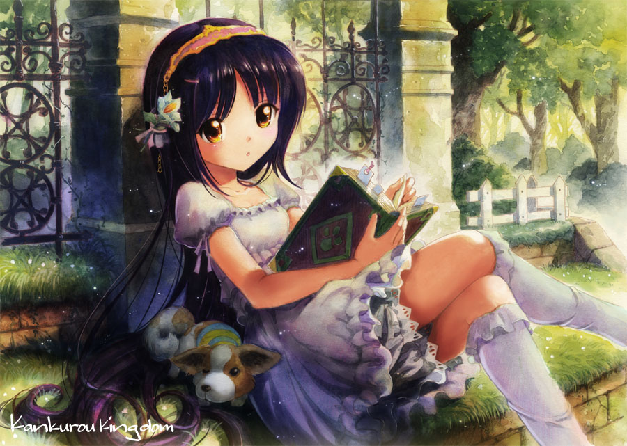 kankurou, original, bad id, bad pixiv id, 1girl, :o, bobby socks, book, bookmark, crossed legs, dog, dress, female focus, fence, flower, forest, gothic lolita, grass, hair ornament, holding, holding book, ironwork, kneehighs, light particles, lolita fashion, long hair, nature, on ground, open book, outdoors, petticoat, puffy short sleeves, puffy sleeves, purple hair, reading, short sleeves, sitting, socks, solo, sunlight, tree, very long hair, white dress, white socks, wooden fence, yellow eyes