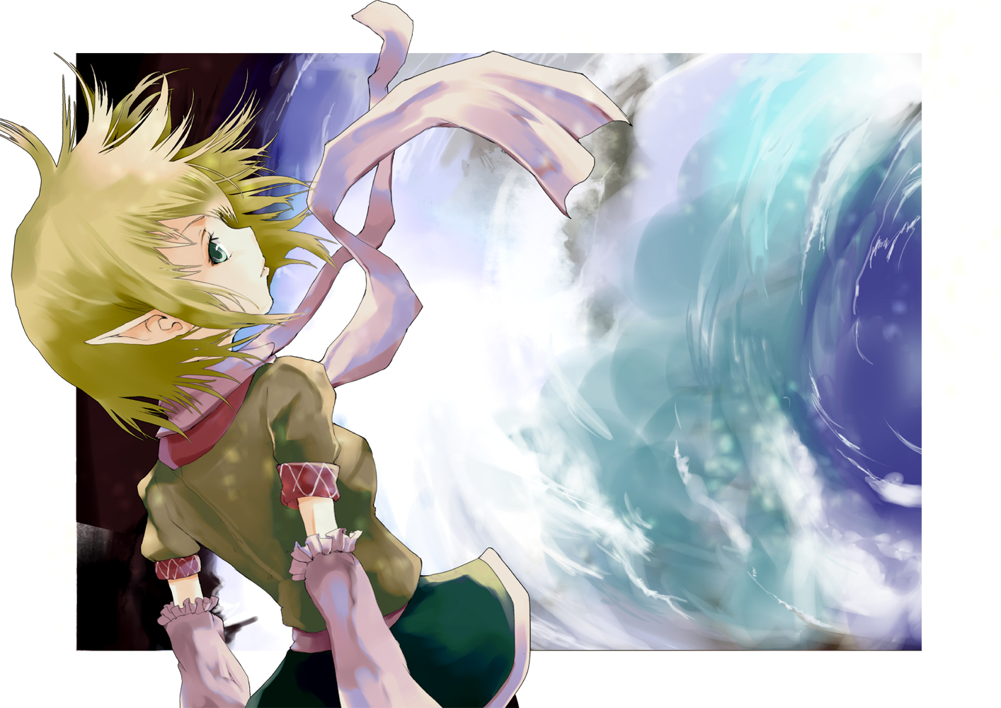 yae (mono110), mizuhashi parsee, touhou, bad id, bad pixiv id, 1girl, arm warmers, blonde hair, cloud, female focus, from behind, green eyes, looking back, pointy ears, scarf, short hair, sky, solo, standing