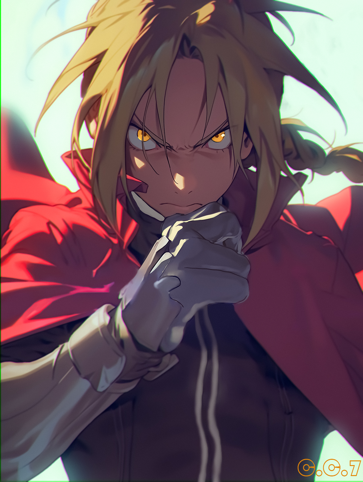 charliecat700, edward elric, fullmetal alchemist, ai-assisted, clip studio paint (medium), highres, midjourney, 1boy, angry, blonde hair, braid, closed mouth, coat, looking at viewer, male focus, prosthesis, red coat, solo, upper body, white background, yellow eyes