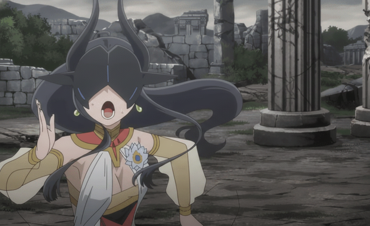 dungeon ni deai wo motomeru no wa machigatteiru darou ka, absurdres, character request, highres, third-party edit, 1girl, armpits, black hair, black mask, breasts, cleavage, detached sleeves, dot nose, earrings, female focus, flower, flower on chest, hathor (danmachi), horns, jewelry, long hair, lower teeth only, mask, medium breasts, no bra, open mouth, outdoors, running, see-through clothes, see-through sleeves, sexually suggestive, solo, solo focus, sweatdrop, teeth, white flower, white sleeves