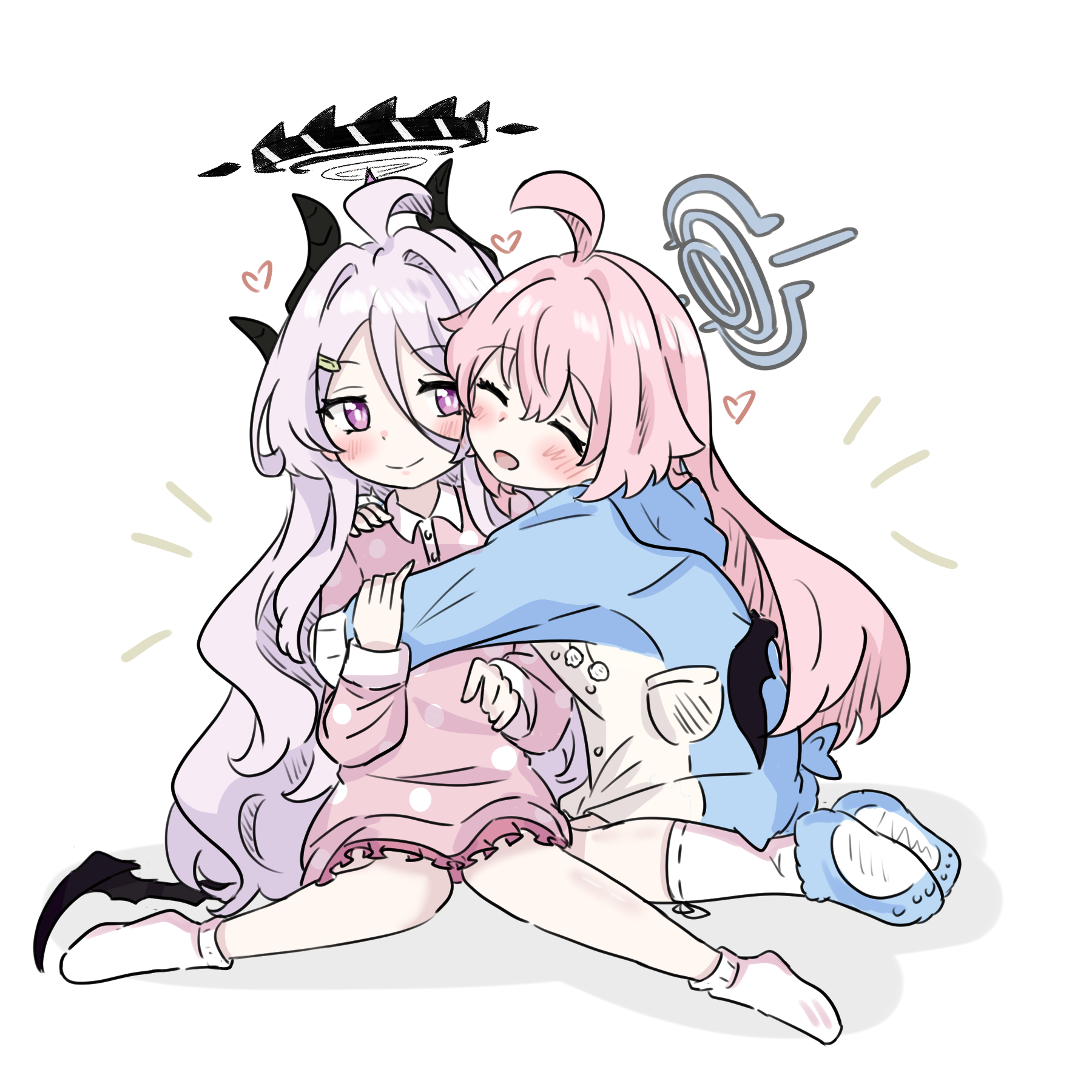 e v e neko, hina (blue archive), hina (pajamas) (blue archive), hoshino (blue archive), blue archive, commentary request, highres, 2girls, ahoge, black halo, closed eyes, closed mouth, grey hair, grey halo, hair ornament, hairclip, halo, horns, hug, long hair, long sleeves, multiple girls, open mouth, pajamas, pink hair, purple eyes, sitting, socks, wariza, white background, white socks, wings, yuri