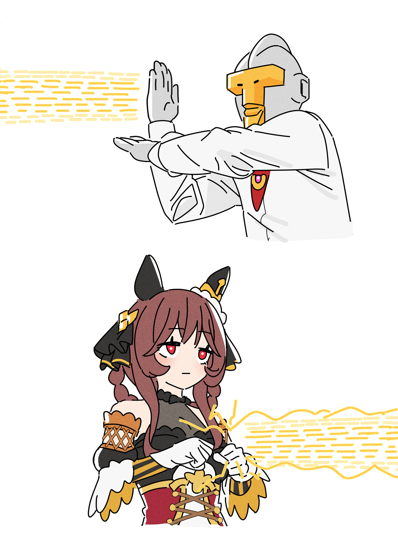 sarcophage, gentildonna (regina dei fiori) (umamusume), gentildonna (umamusume), t-head trainer (umamusume), trainer (umamusume), ultraman, zetton, ultra series, ultraman (1st series), umamusume, commentary request, highres, 1boy, 1girl, animal ears, bare shoulders, braid, braided hair rings, bright pupils, brown hair, closed mouth, color timer, crossed wrists, detached sleeves, dress, ear covers, ear ornament, gloves, hair ornament, hair rings, hands up, horse ears, horse girl, long hair, long sleeves, looking at another, necktie, parody, red eyes, red necktie, shirt, sidelocks, silver skin, simple background, ultra beam, white background, white gloves, white pupils, white shirt