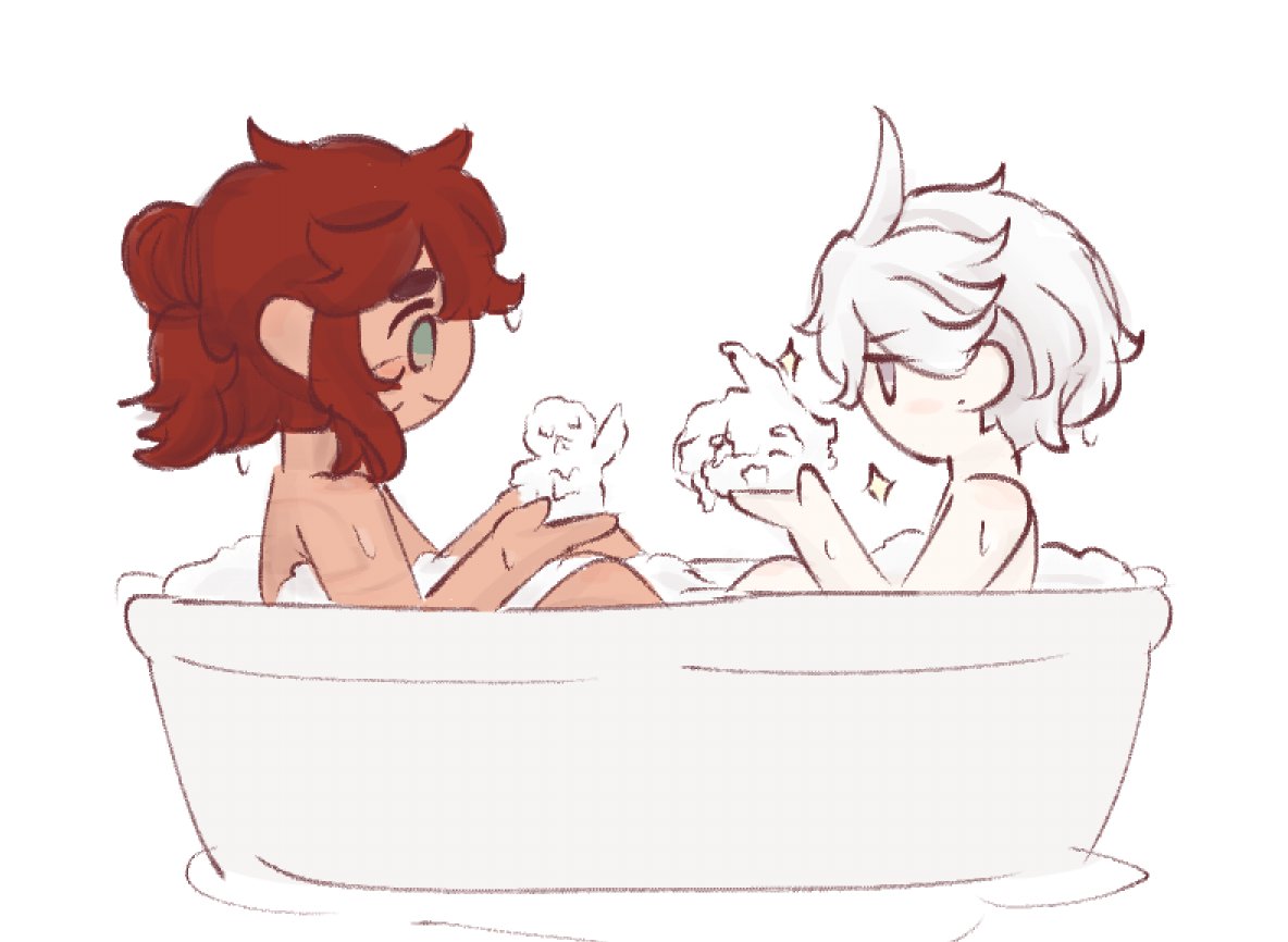 miorine rembran, suletta mercury, gundam, gundam suisei no majo, 2girls, bath, blue eyes, closed mouth, grey eyes, hair up, long hair, multiple girls, nandmmy03, partially submerged, red hair, same-sex bathing, scar, scar on face, shared bathing, short hair, soap bubbles, sparkle, white hair, yuri