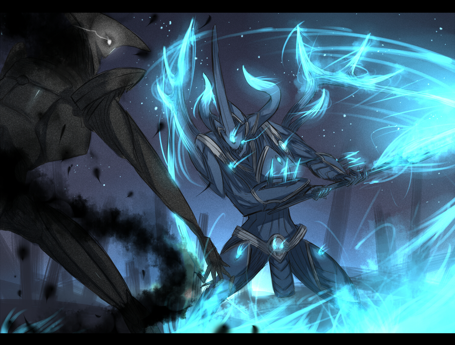 ganesagi, jack gale, pixiv fantasia, pixiv fantasia 4, bad id, bad pixiv id, armor, battle, horns, monster, night, no humans, sword, weapon