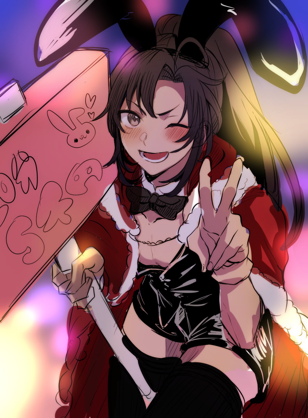 wei wuxian, modao zushi, commentary request, highres, 1boy, ;d, ahoge, alternate costume, androgynous, animal ears, aslle, black bow, black bowtie, black hair, black leotard, black thighhighs, blurry, blurry background, blush, bow, bowtie, brown eyes, brown hair, cape, crossdressing, crossdressing (mtf), detached collar, fake animal ears, fur-trimmed cape, fur trim, grey eyes, holding, holding sign, hood, hood down, hooded cape, leotard, long hair, looking at viewer, male focus, male playboy bunny, one eye closed, open mouth, pectoral cleavage, pectorals, playboy bunny, ponytail, rabbit ears, red cape, sidelocks, sign, sketch, smile, solo, thighhighs, trap, v, zettai ryouiki