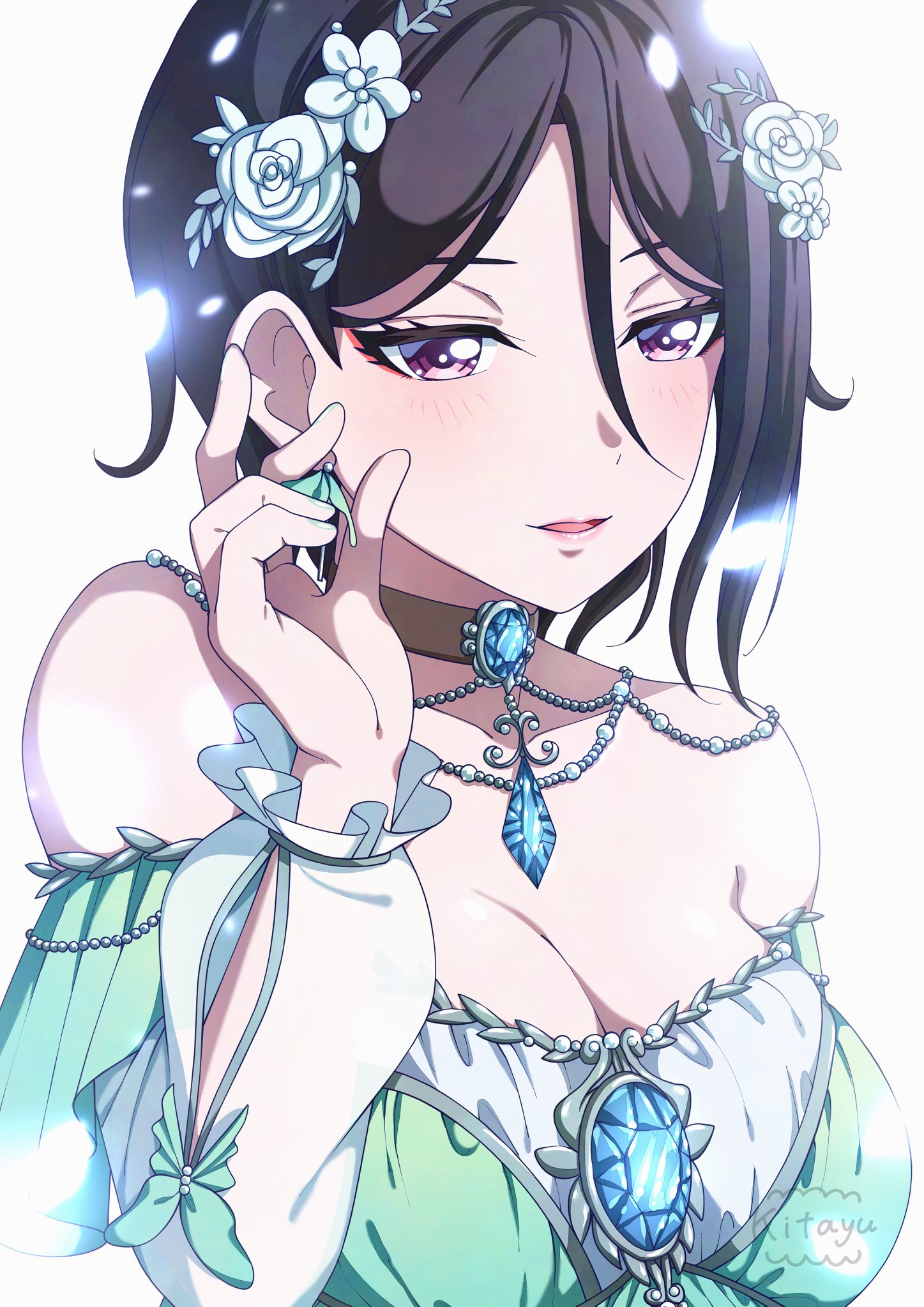 kitayu, yashio rui, bang dream!, commentary request, highres, 1girl, alternate costume, asymmetrical hair, bare shoulders, black hair, breasts, brown choker, choker, cleavage, detached sleeves, earrings, flower, hair flower, hair ornament, jewelry, large breasts, long sleeves, purple eyes, short hair, signature, simple background, solo, upper body, white background