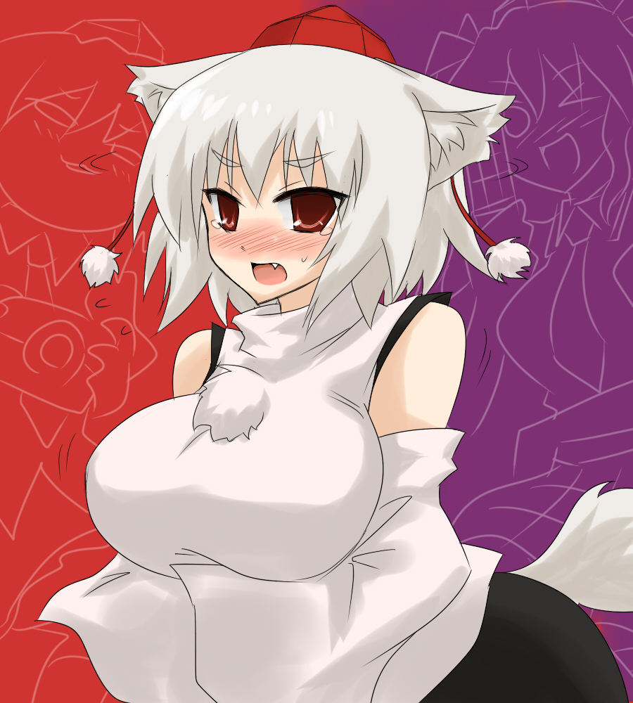 oro (zetsubou girl), himekaidou hatate, inubashiri momiji, shameimaru aya, touhou, 1girl, animal ears, blush, breasts, camera, cellphone, fang, female focus, hat, huge breasts, large breasts, one eye closed, open mouth, phone, short hair, solo, tail, tokin hat, white hair, wolf ears, wolf tail, yukkuri shiteitte ne