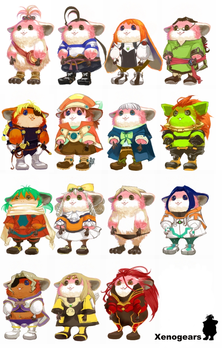 id, kimihiyo, bartholomew fatima, billy lee black, chu-chu, chu chu (xenogears), citan uzuki, elhaym van houten, emerada (xenogears), fei fong wong, id (xenogears), kahran ramsus, krelian, krelian (xenogears), marguerite fatima, maria balthasar, miang hawwa, ricardo banderas, sigurd harcourt, xeno (series), xenogears, bad id, bad pixiv id, belt, black hair, black male swimwear, black swim briefs, blonde hair, boots, bow, braid, chibi, cloak, cosplay, eyepatch, glasses, green hair, hat, long hair, male swimwear, mouse (animal), no humans, orange hair, orange hat, pantyhose, ponytail, purple hair, red hair, ribbon, sash, scarf, shoes, short hair, stuffed animal, stuffed toy, swim briefs, swimsuit, yellow bow