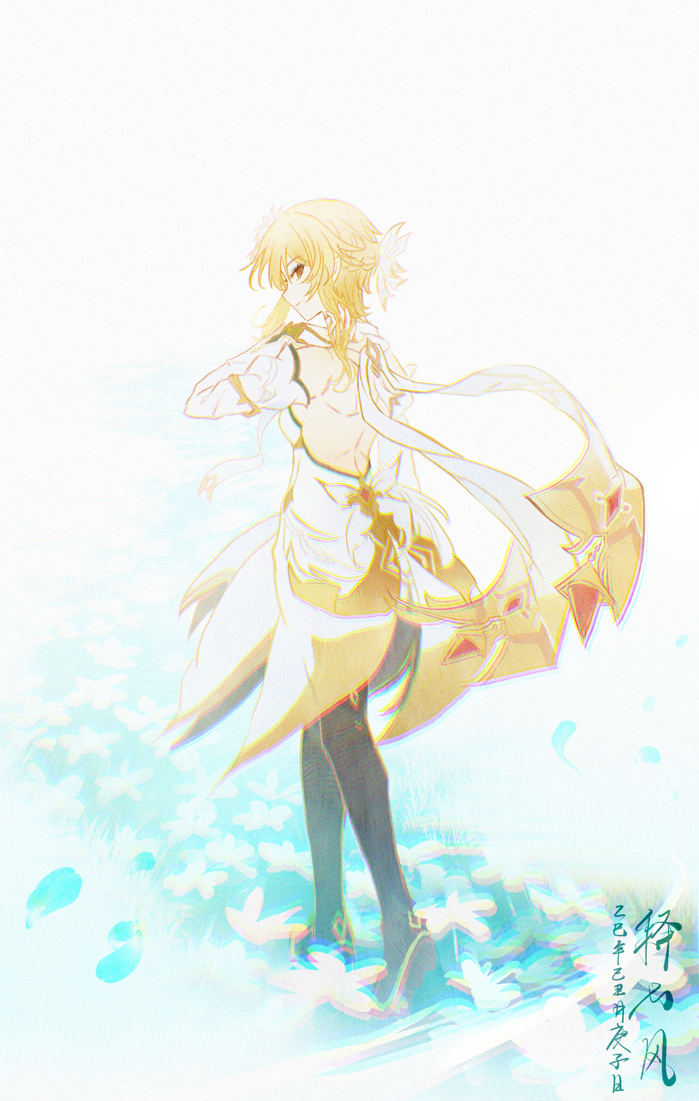 shixinfeng, lumine (as heaven and earth are made anew) (genshin impact), lumine (genshin impact), genshin impact, absurdres, chinese commentary, commentary request, highres, 1girl, backless dress, backless outfit, blonde hair, detached sleeves, dress, flower, full body, hair flower, hair ornament, high heels, looking at viewer, looking back, short hair, short hair with long locks, solo, standing, white dress, white flower, yellow eyes