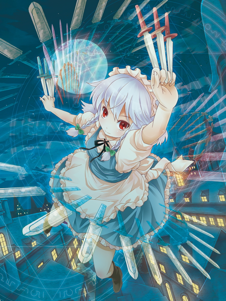 michii yuuki, izayoi sakuya, embodiment of scarlet devil, touhou, silver hair, 1girl, bow, braid, danmaku, female focus, full body, knife, maid, maid headdress, moon, outdoors, red eyes, short hair, sky, solo, throwing knife, twin braids, weapon