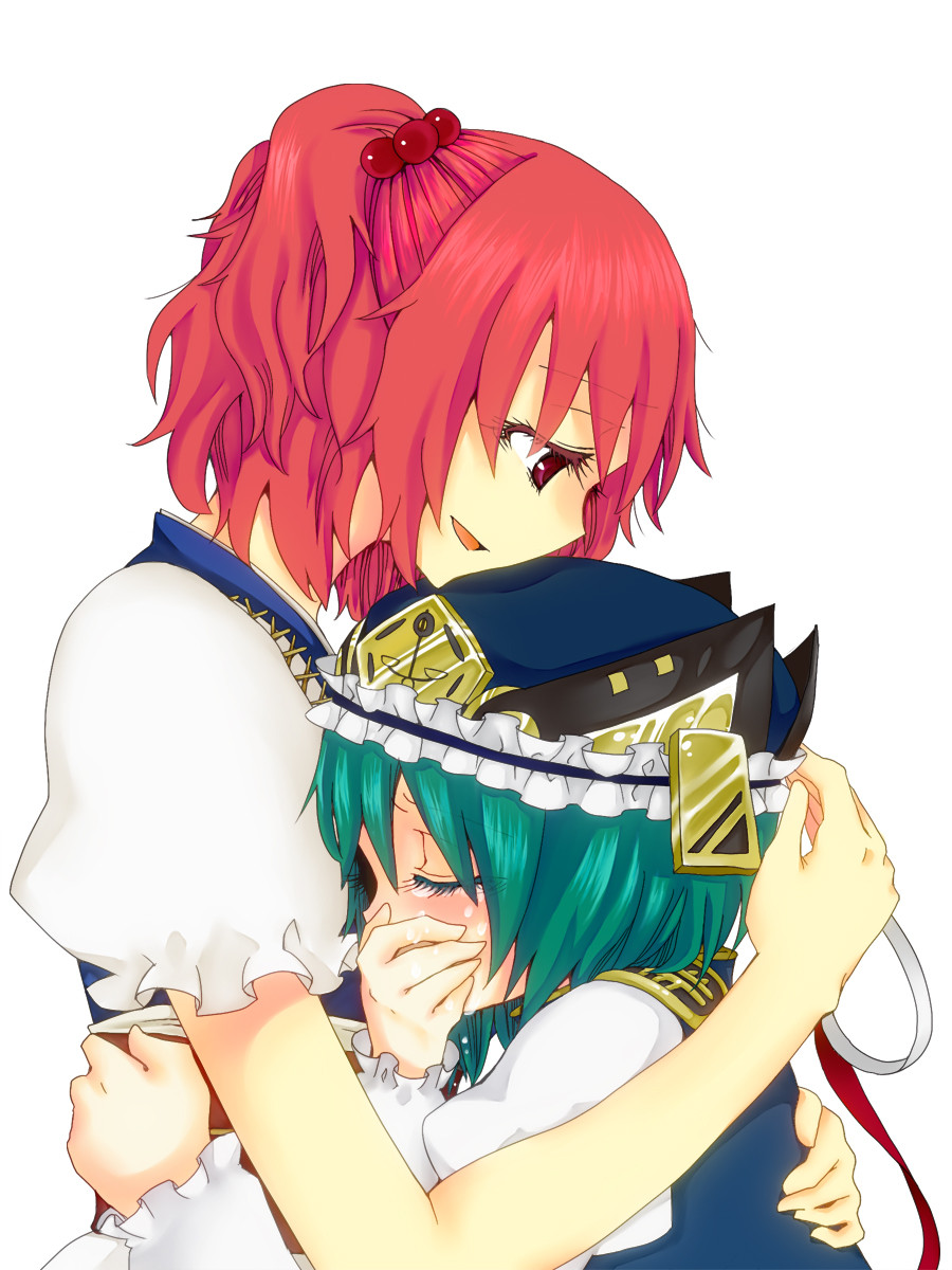yumesuke, onozuka komachi, shiki eiki, touhou, highres, 2girls, closed eyes, comforting, covering own mouth, crying, female focus, green hair, hair bobbles, hair ornament, hand on another's head, hand over own mouth, head rest, height difference, hug, multiple girls, red eyes, red hair, size difference, tears
