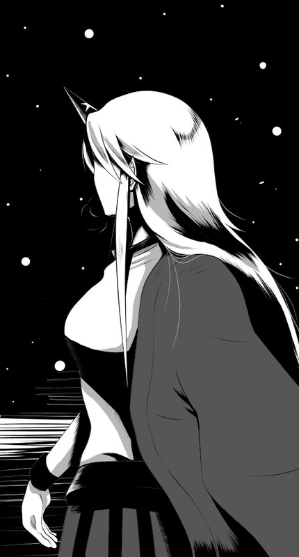 atoki, hoshiguma yuugi, touhou, 1girl, back, breath, female focus, greyscale, horns, jacket, jacket on shoulders, long hair, monochrome, single horn, snow, solo