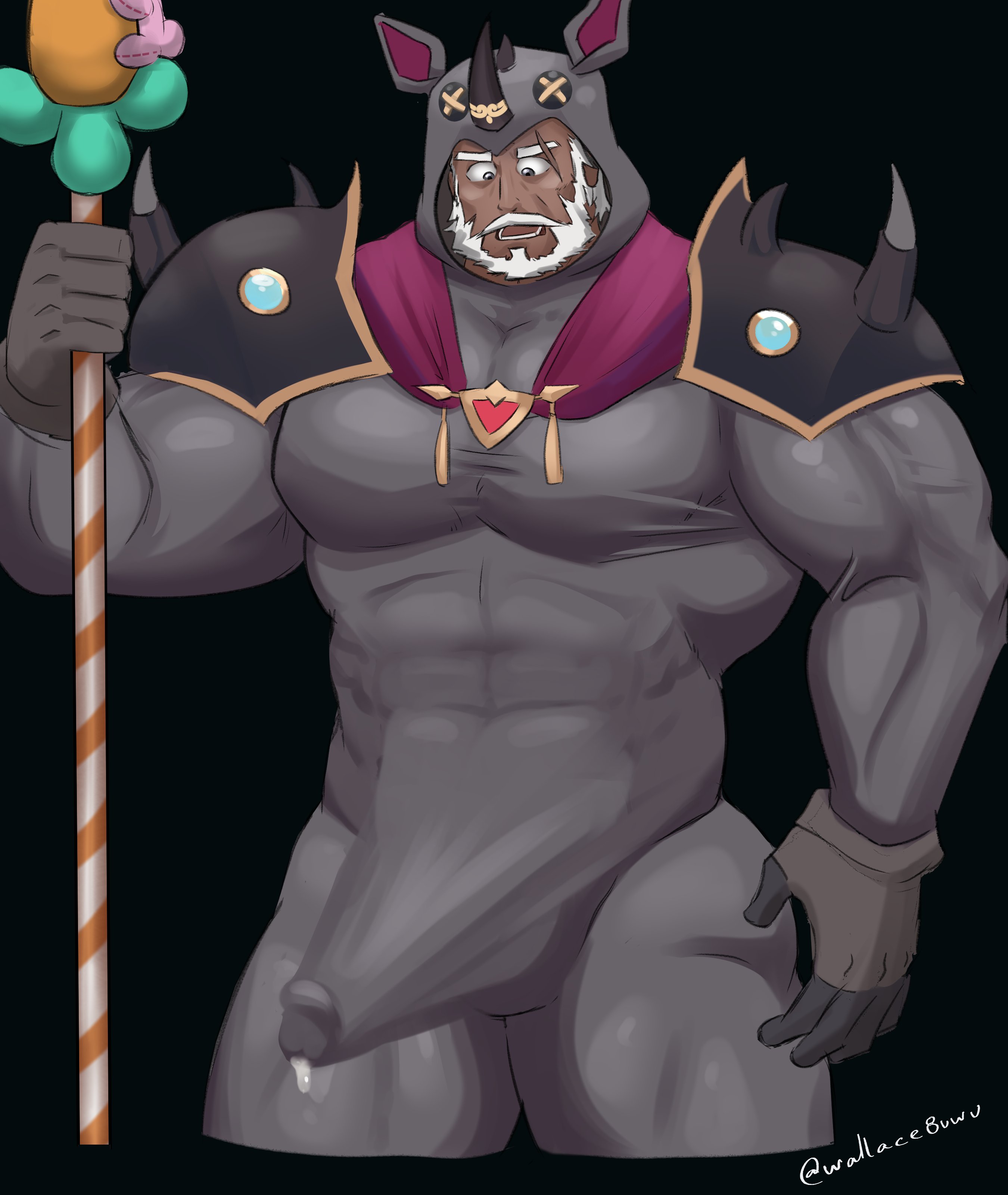 gotthold (fire emblem), fire emblem, fire emblem shadows, nintendo, absurdres, commentary, english commentary, highres, variant set, 1boy, bara, beard, black background, cosplay, covered abs, covered pectorals, covered penis, cropped legs, cum, cum in clothes, cum through clothes, dark-skinned male, dark skin, erection, facial hair, grey eyes, holding, holding polearm, holding weapon, kigurumi, lower teeth only, male focus, muscular, muscular male, mustache, open mouth, pectorals, polearm, scar, scar across eyebrow, scar on face, simple background, solo, teeth, twitter username, wallace8, weapon, white hair