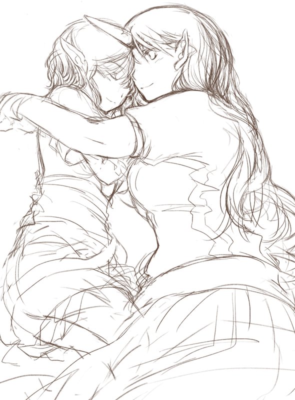 atoki, hoshiguma yuugi, mizuhashi parsee, touhou, 2girls, brown theme, closed eyes, couple, female focus, horns, hug, long hair, lying, monochrome, multiple girls, pointy ears, profile, simple background, single horn, sketch, smile, white background, yuri