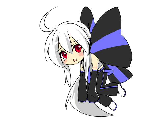caffein, yowane haku, vocaloid, animated, animated gif, 1girl, bug, butterfly, butterfly wings, chibi, female focus, insect, insect wings, long hair, ponytail, red eyes, solo, white hair, wings